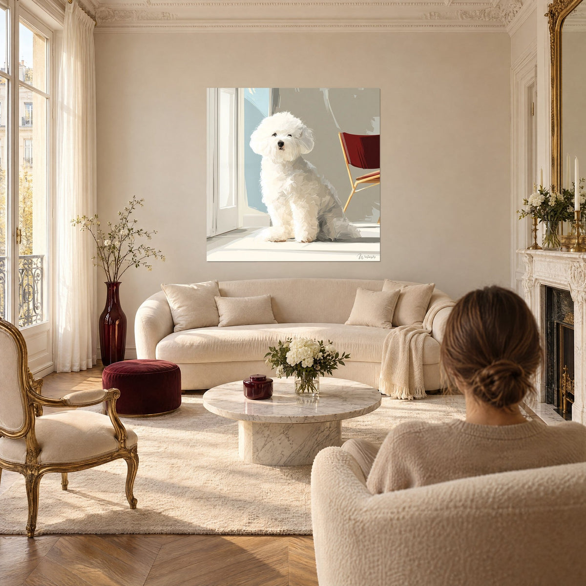 Gemälde eines sitzenden weißen Bichon Frisé, cremefarbenes gelocktes Fell, bordeauxroter Sessel, über einem Sofa in einem hellen Wohnzimmer
