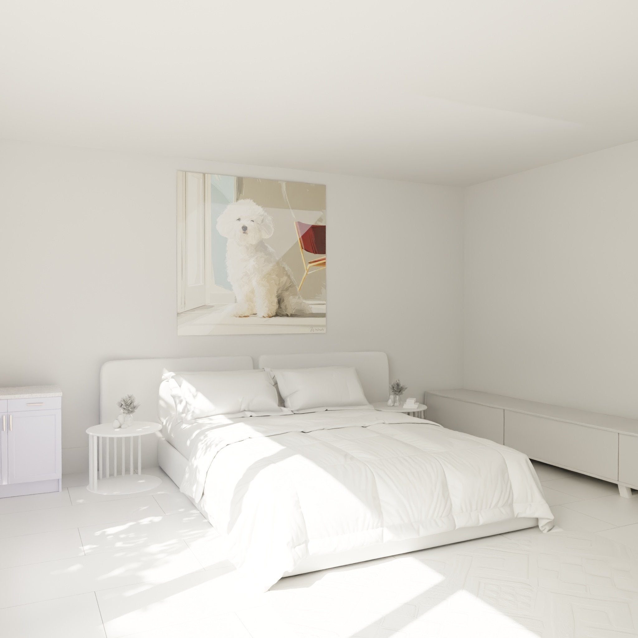 Decoration murale bichon frise blanc dans chambre ambiance cosy avec eclairage naturel doux