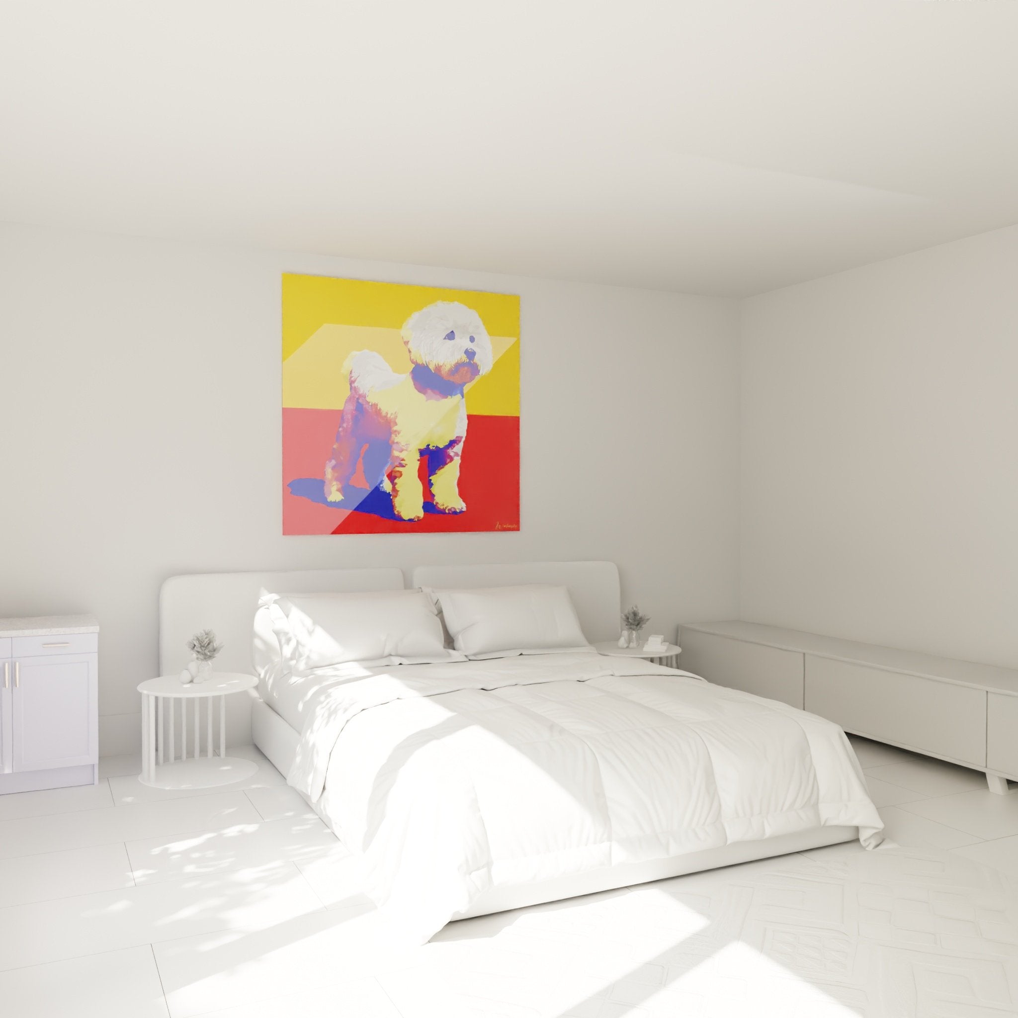 Decoration chambre tableau Bichon Frise moderne couleurs vives ambiance artistique