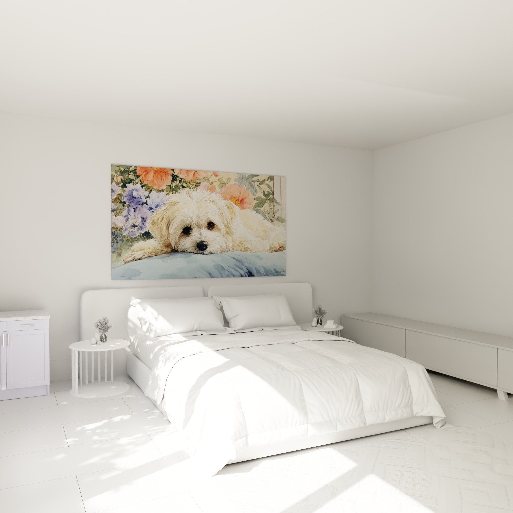 Decoration murale Bichon Havanais aquarelle dans chambre moderne tons pastel