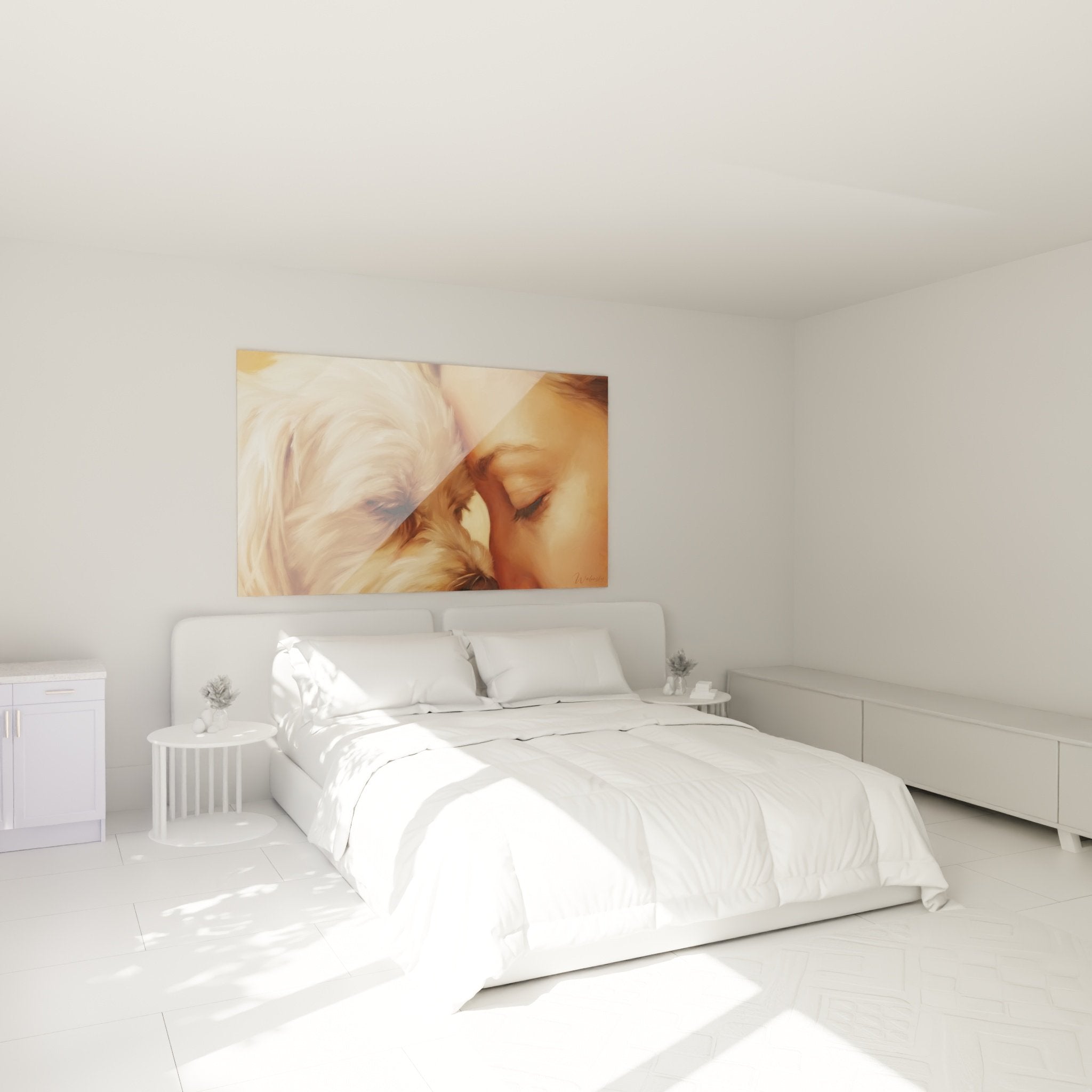 Decoration murale bichon maltais ambiance chambre douce harmonie couleurs chaudes tendresse