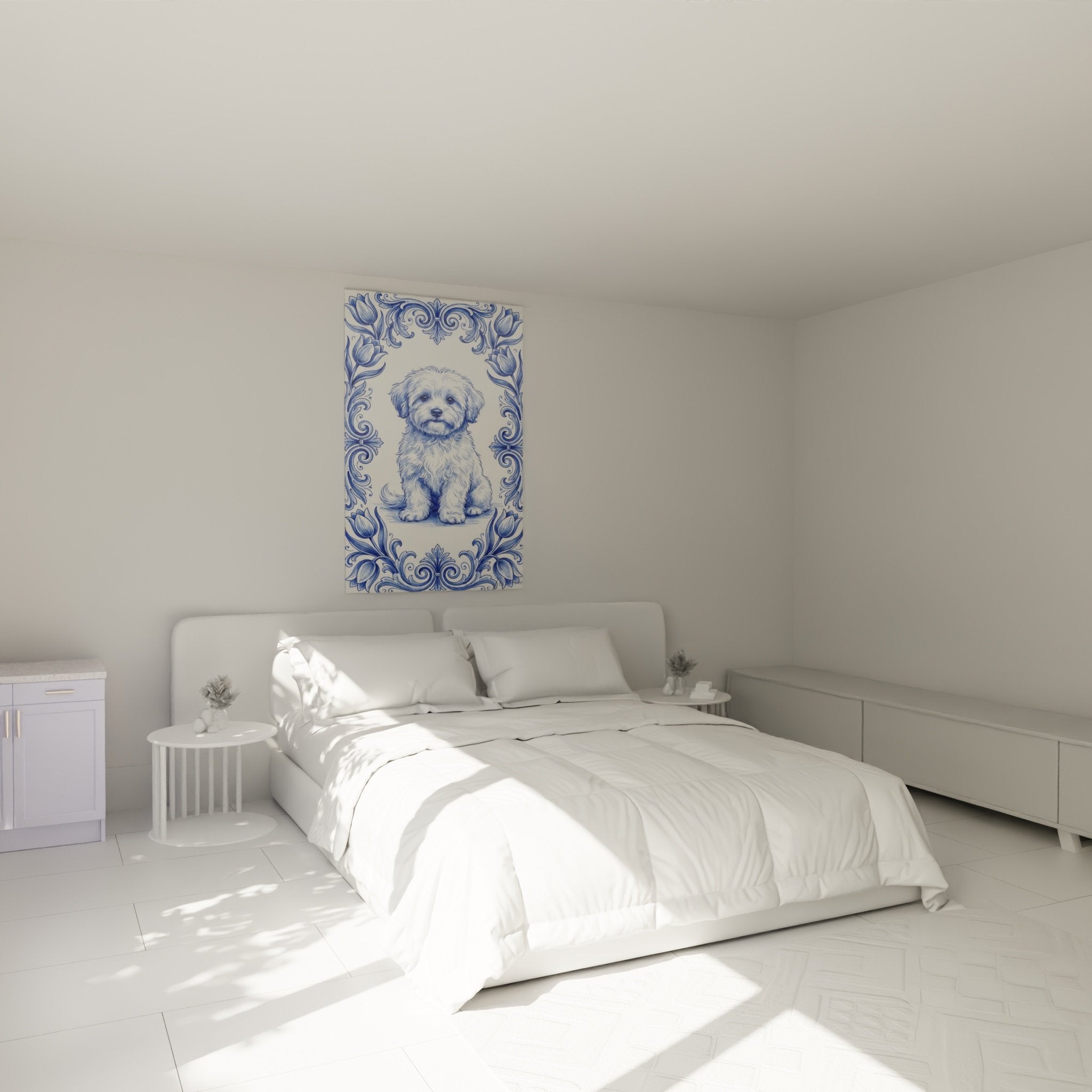 decoration chambre tableau bichon maltais bleu blanc ambiance douce mur clair mobilier bois naturel