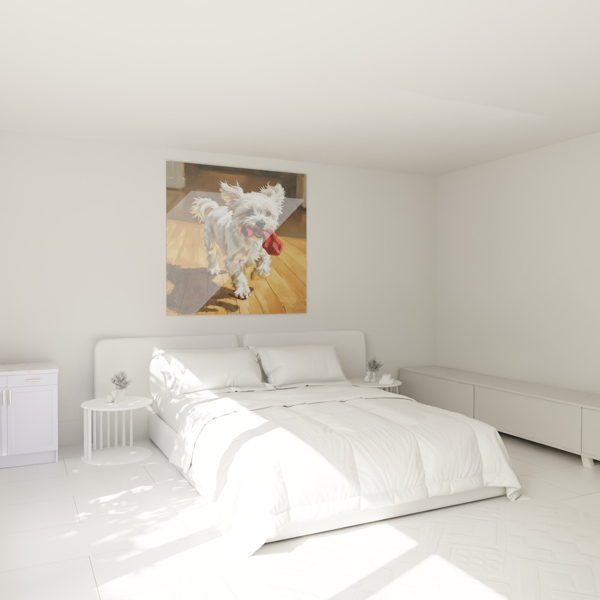 Tableau Bichon Maltais espiègle au ruban rouge décorant une chambre aux tons doux et naturels