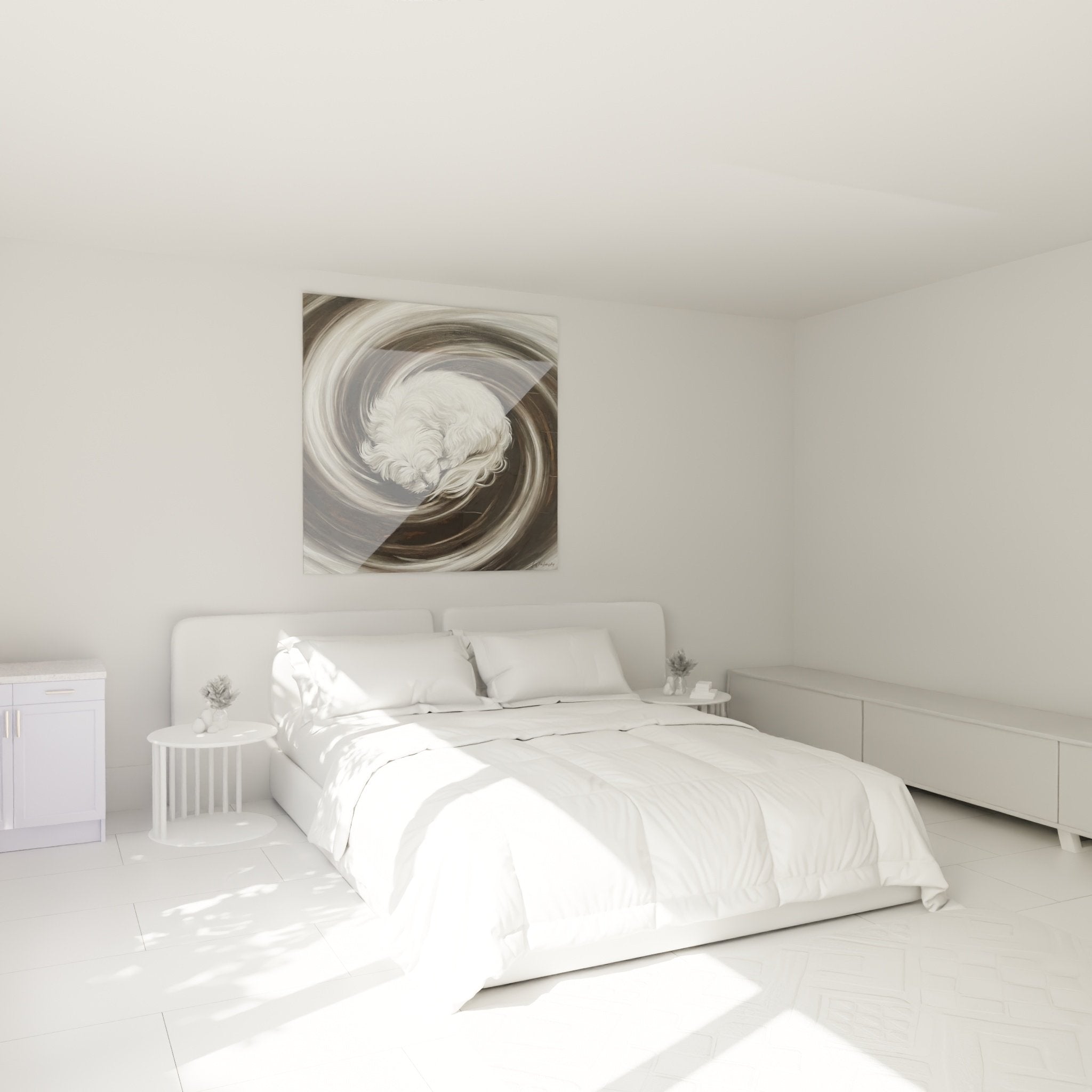 Décoration chambre avec tableau Bichon Maltais spirale, art mural contemporain nuances grises sur mur blanc