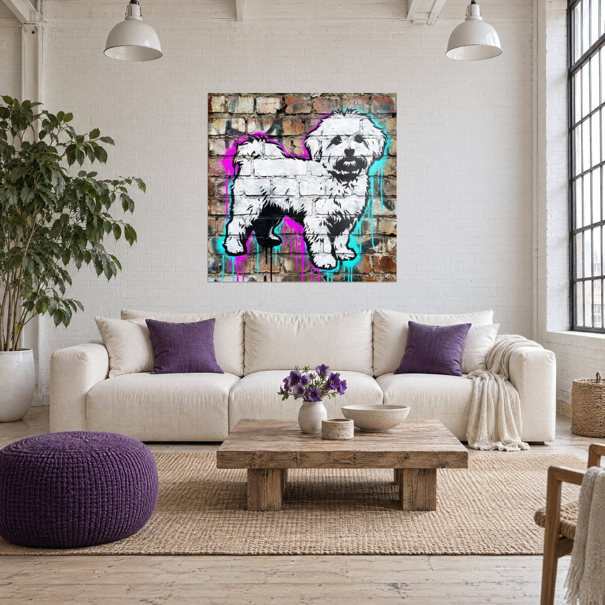 Wall art white bichon puppy stencil on red bricks, magenta and turquoise paint drips, above a sofa in a bright living room