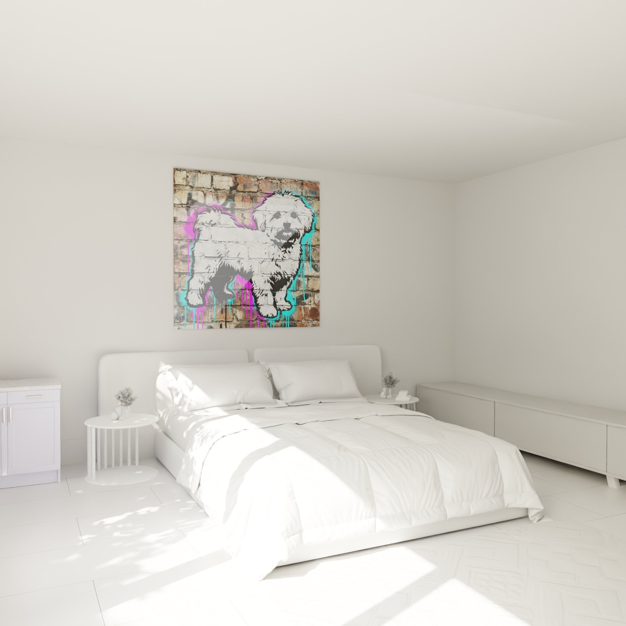 Decoration murale Bichon Maltais style street art dans chambre moderne avec couleurs vives