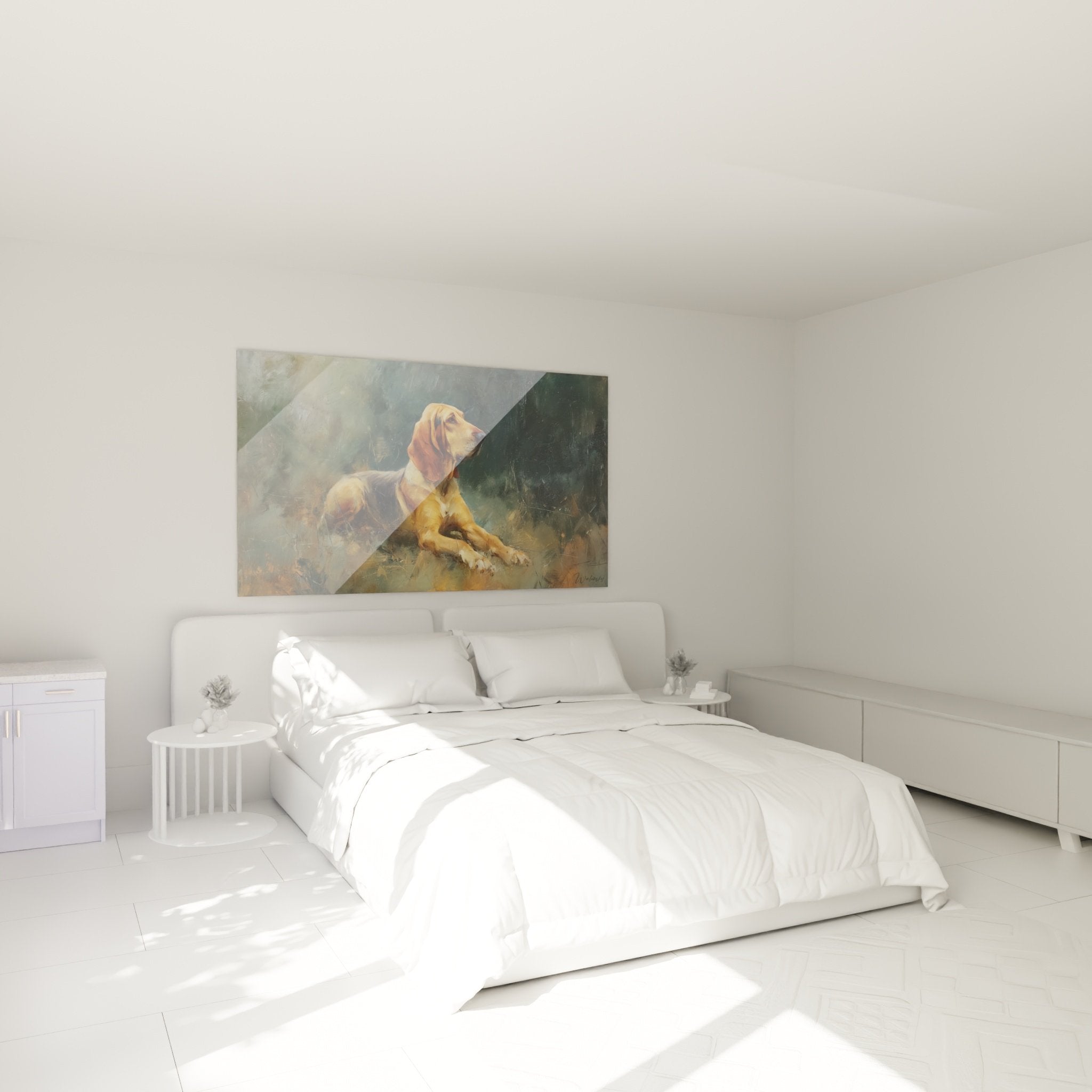 Décoration chambre avec tableau Bloodhound contemplatif tons chauds ocre beige art mural apaisant