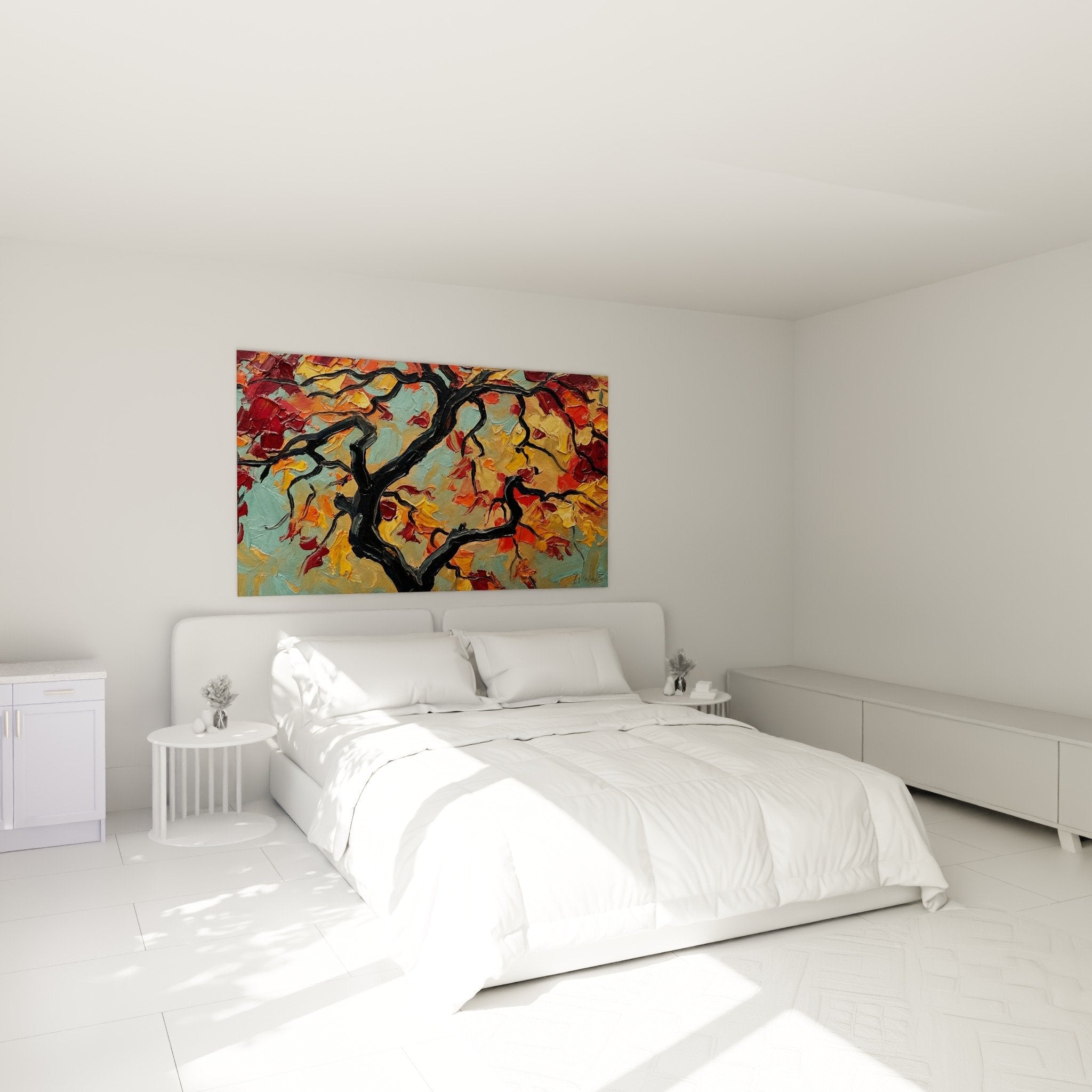 Decoration murale chambre bonsai couleurs chaudes rouge dore branches sculptees ambiance zen automnale