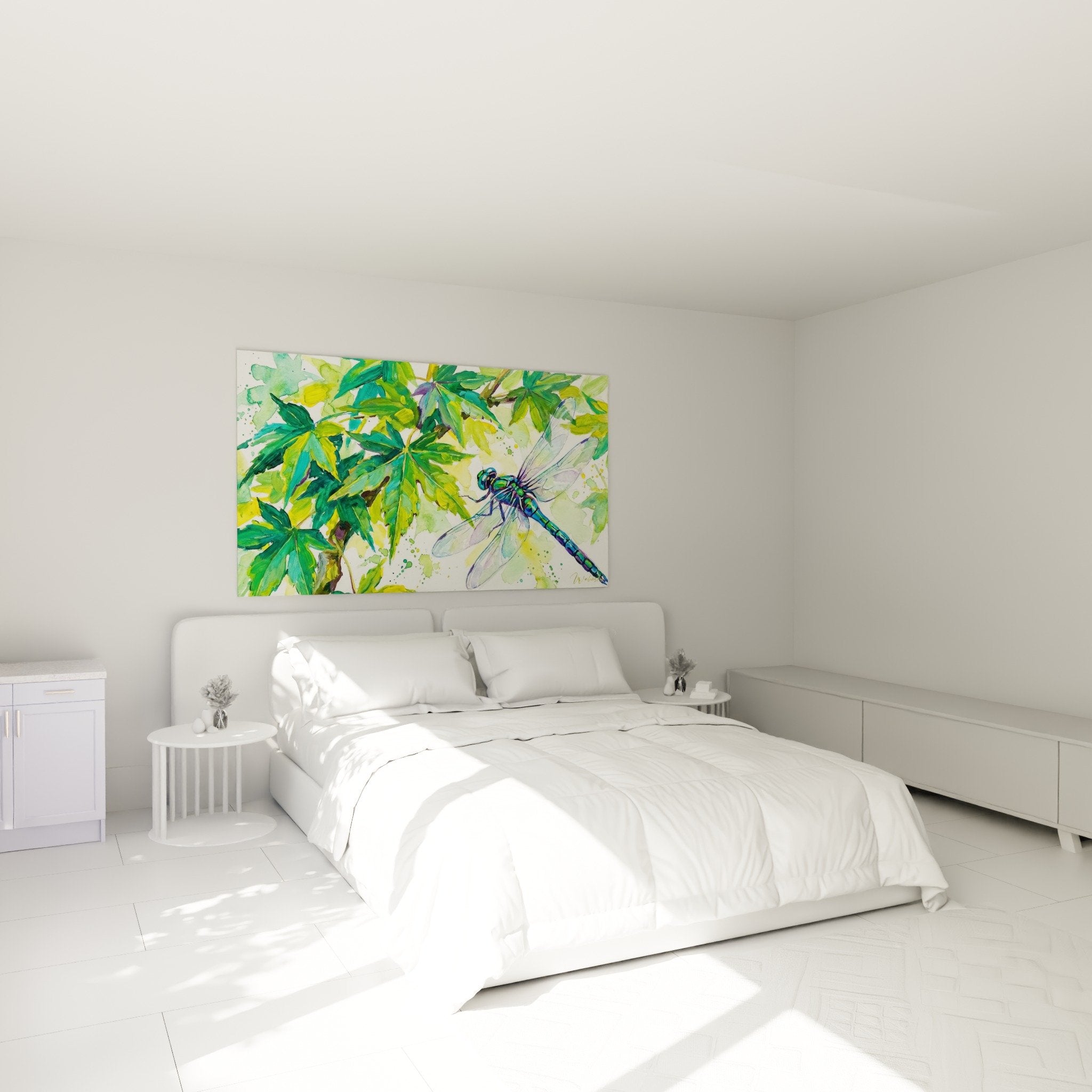 decoration murale aquarelle bonsai erable libellule chambre ambiance zen naturelle