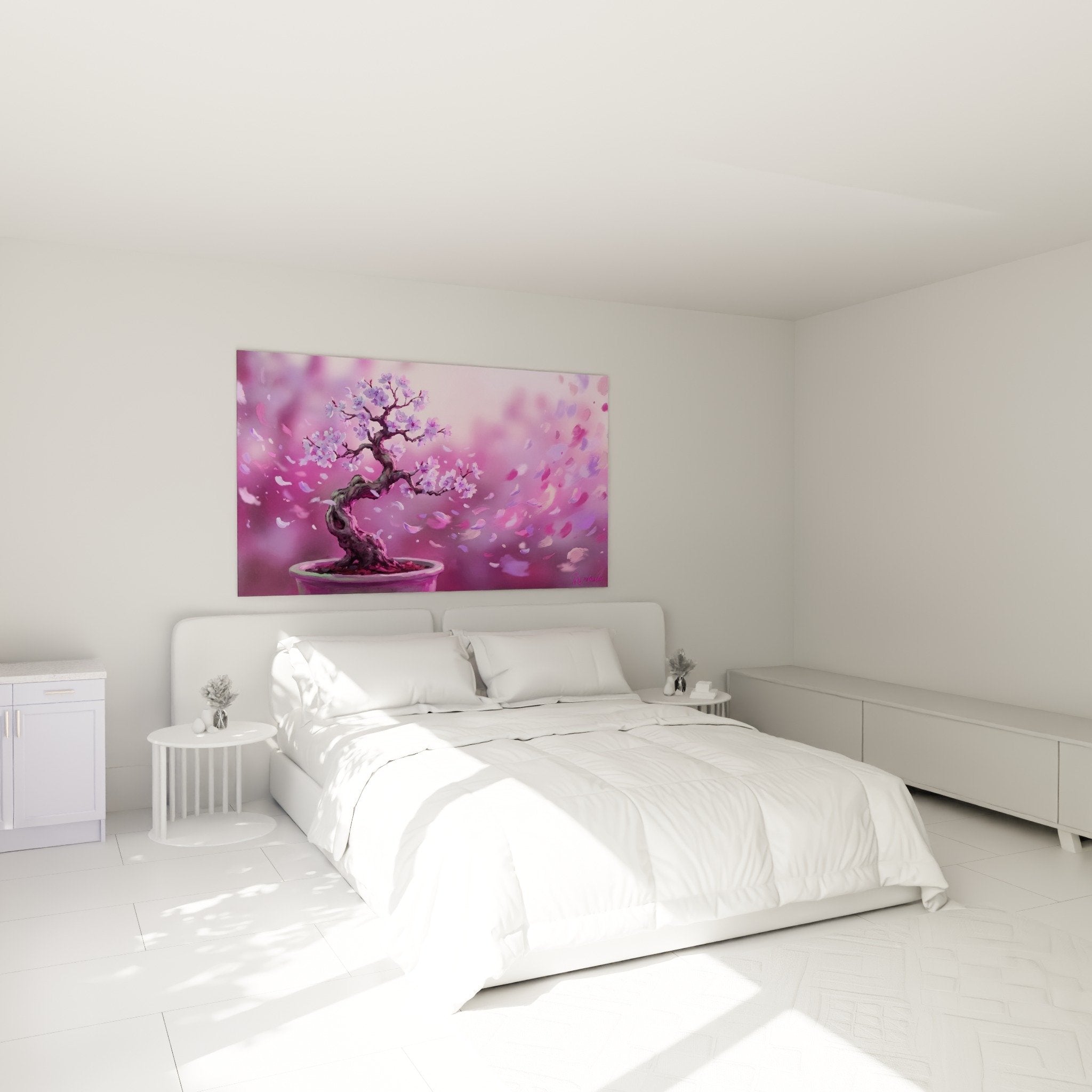 décoration chambre tableau bonsai fleuri violet rose ambiance zen apaisante