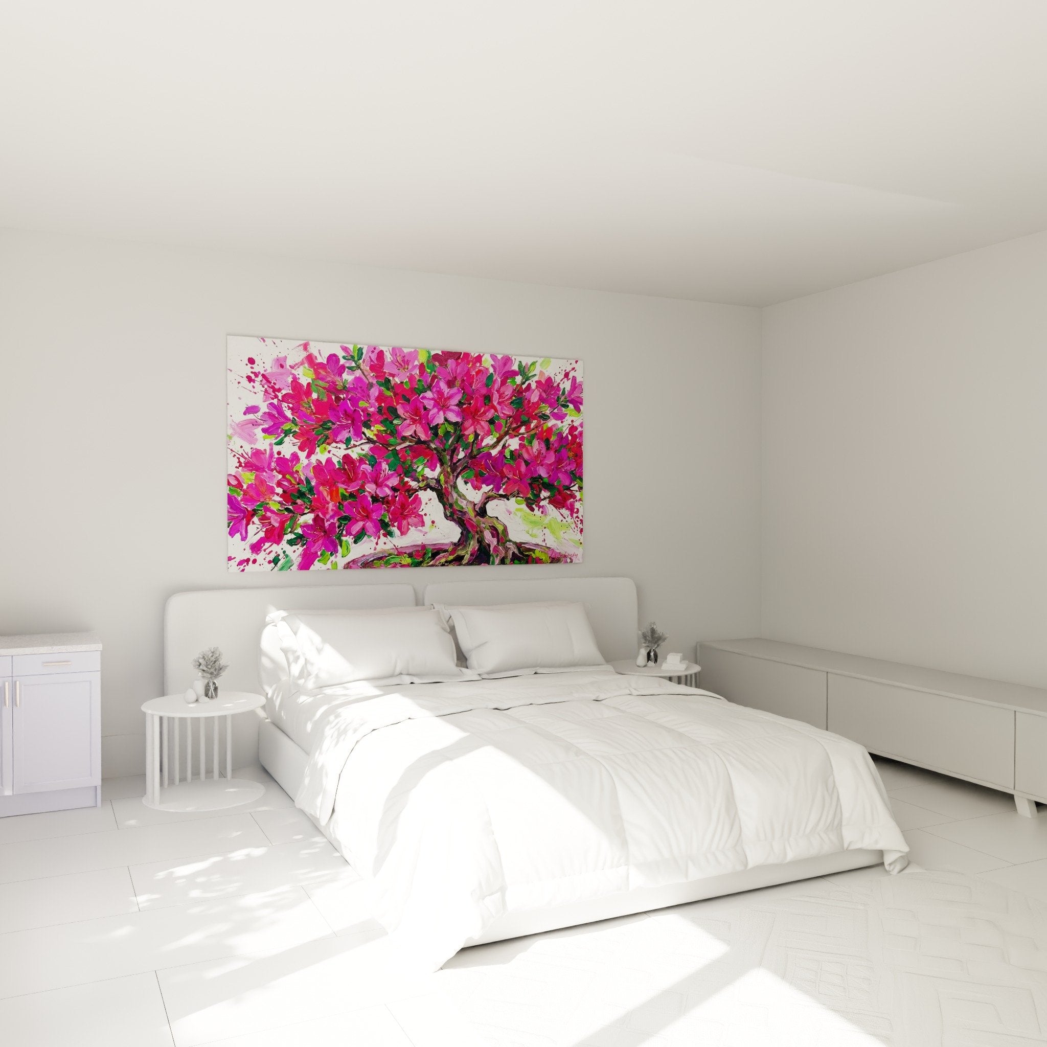 Décoration murale chambre avec tableau bonsaï fleuri rose dans intérieur contemporain