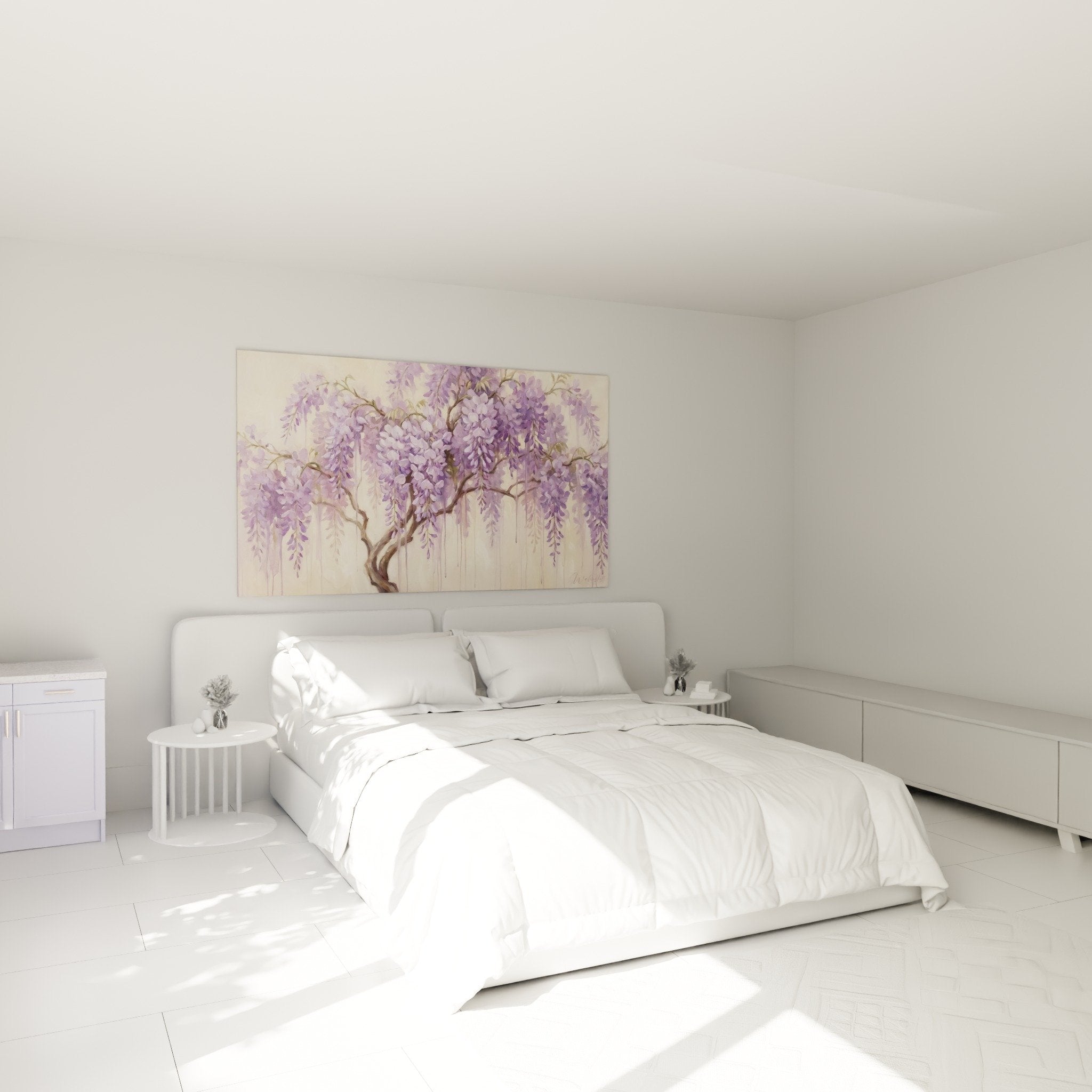 Décoration murale chambre bonsaï violet branches tombantes ambiance zen apaisante