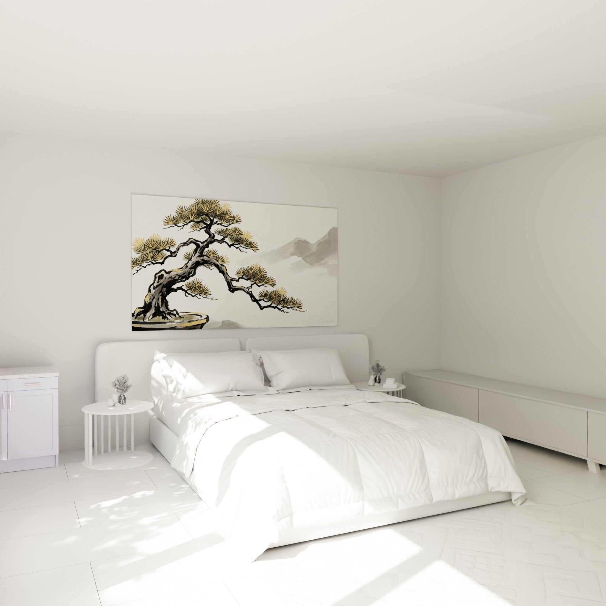 Decoration murale bonsai dore et gris dans chambre zen aux tons naturels apaisants
