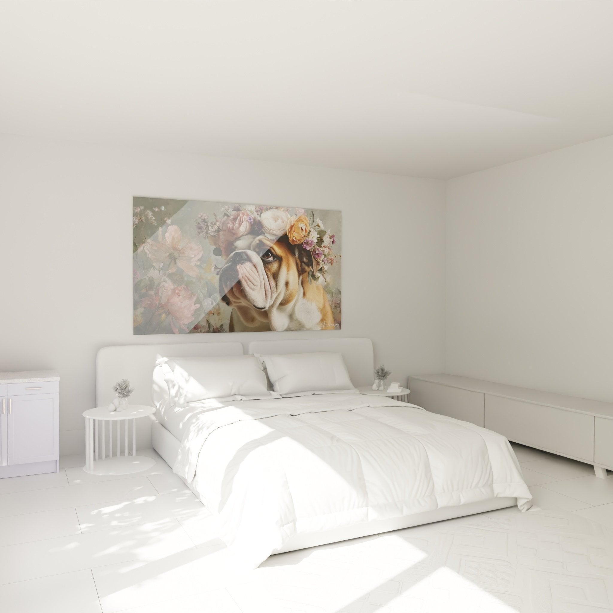 Decoration chambre tableau bouledogue fleurs roses ambiance romantique mur blanc mobilier moderne