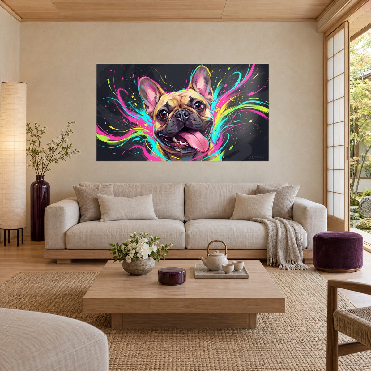 Cuadro bulldog francés con la lengua fuera, salpicaduras fucsia y cian sobre fondo negro, encima de un sofá en un salón luminoso