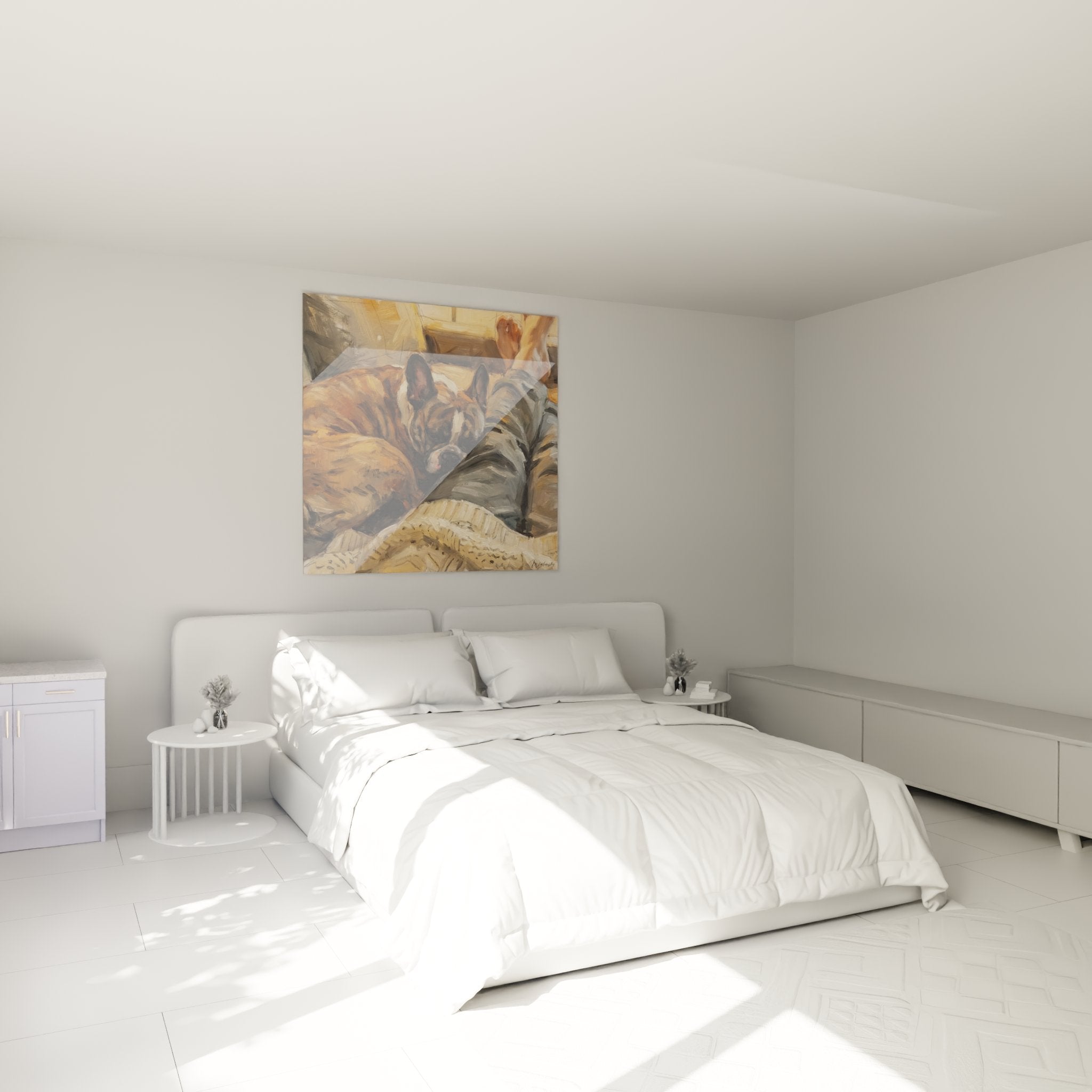 décoration chambre tableau bouledogue français dormant ambiance cocooning tons chauds naturels
