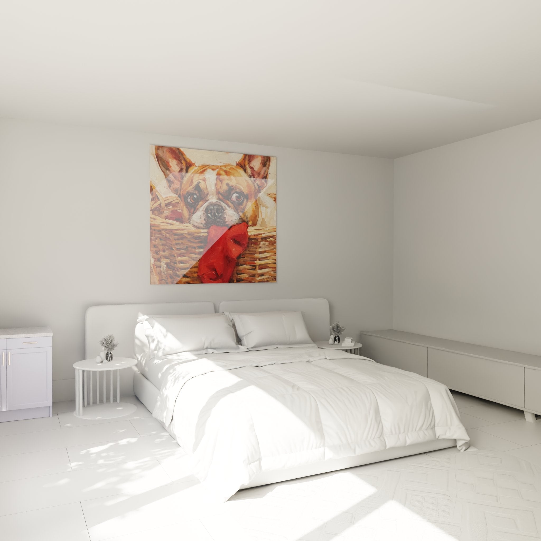 Decorazione camera quadro bulldog francese cesto vimini fiocco rosso, atmosfera calda tonalità beige ocra