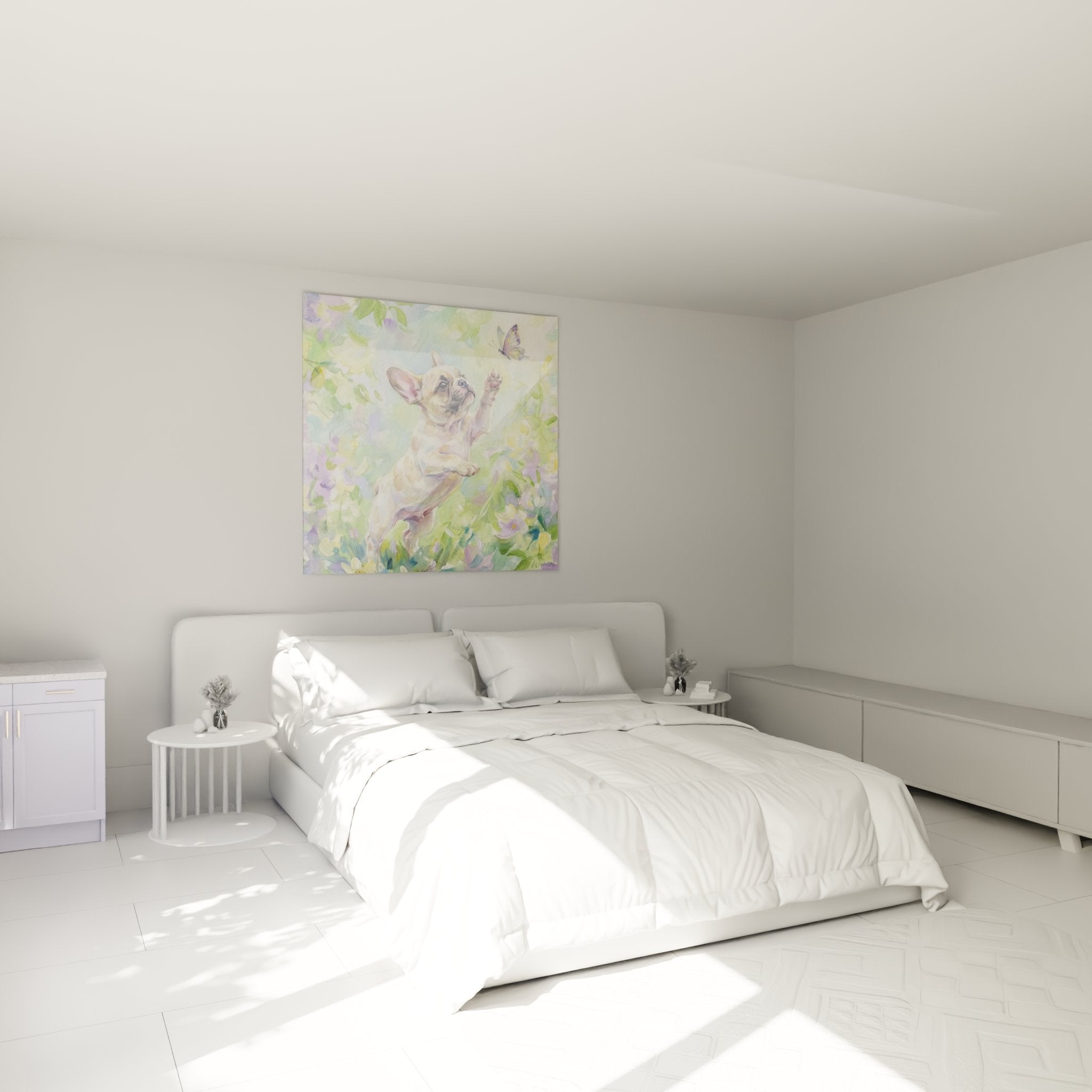 decoration murale bouledogue francais aquarelle chambre enfant ambiance douce printemps