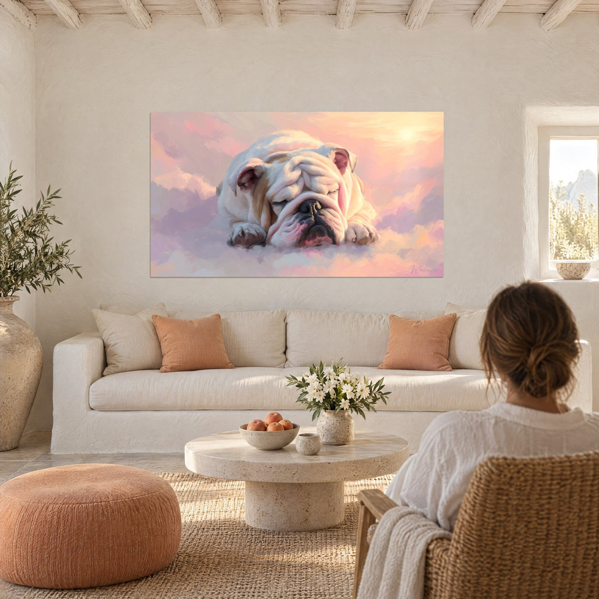 Wall art White bulldog asleep on pink and lavender clouds, black wrinkled muzzle, above a sofa in a bright living room