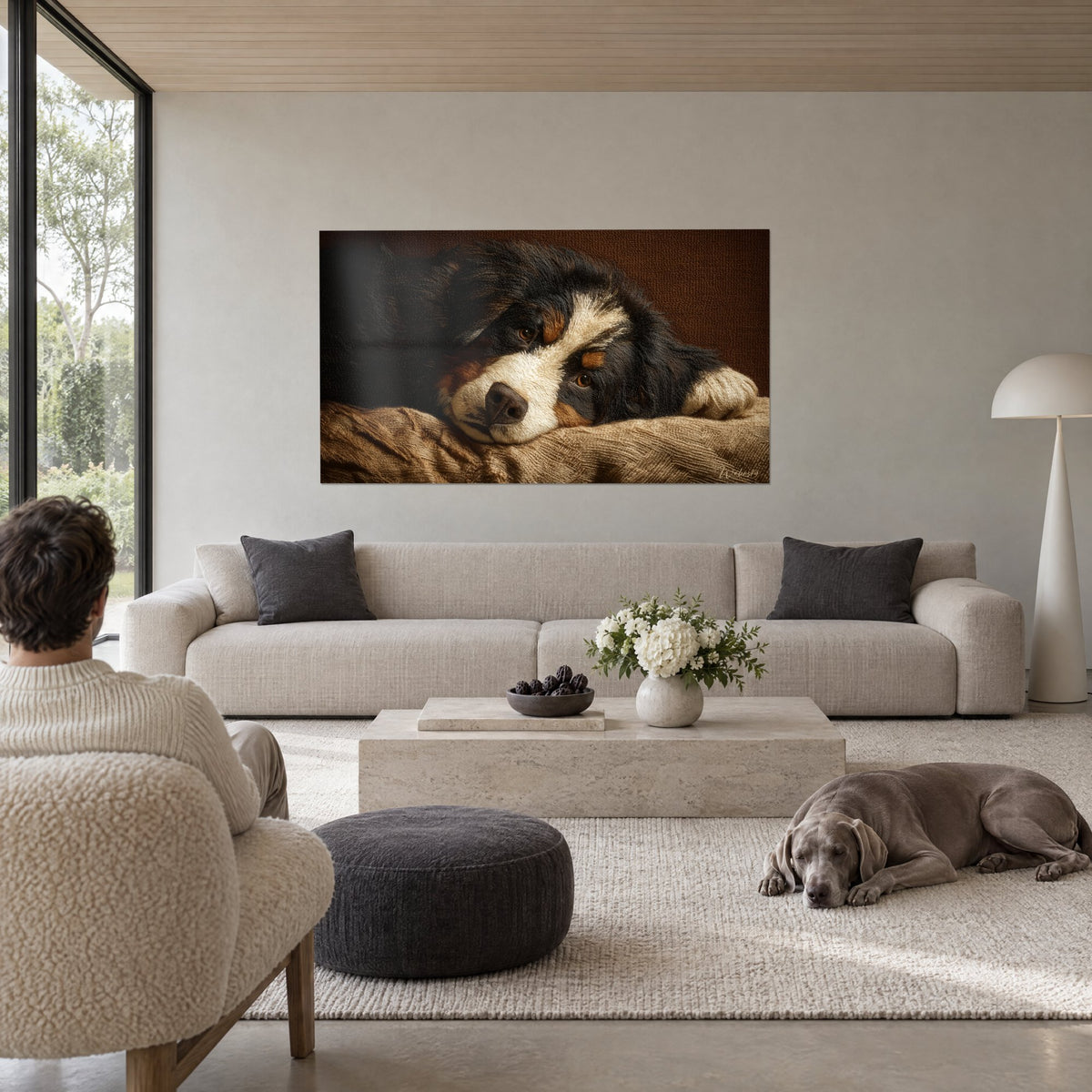 Tableau chien de montagne noir et blanc aux yeux ambrés, museau posé sur un coussin beige, au-dessus d'un canapé dans un salon lumineux