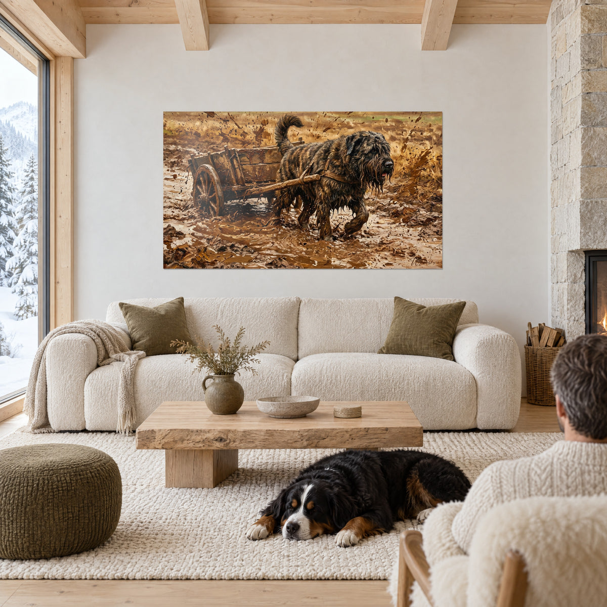 Gemälde eines braunen Flandern-Hirtenhundes, der einen Holzkarren durch ockerfarbenen Schlamm zieht, über einem Sofa in einem hellen Wohnzimmer