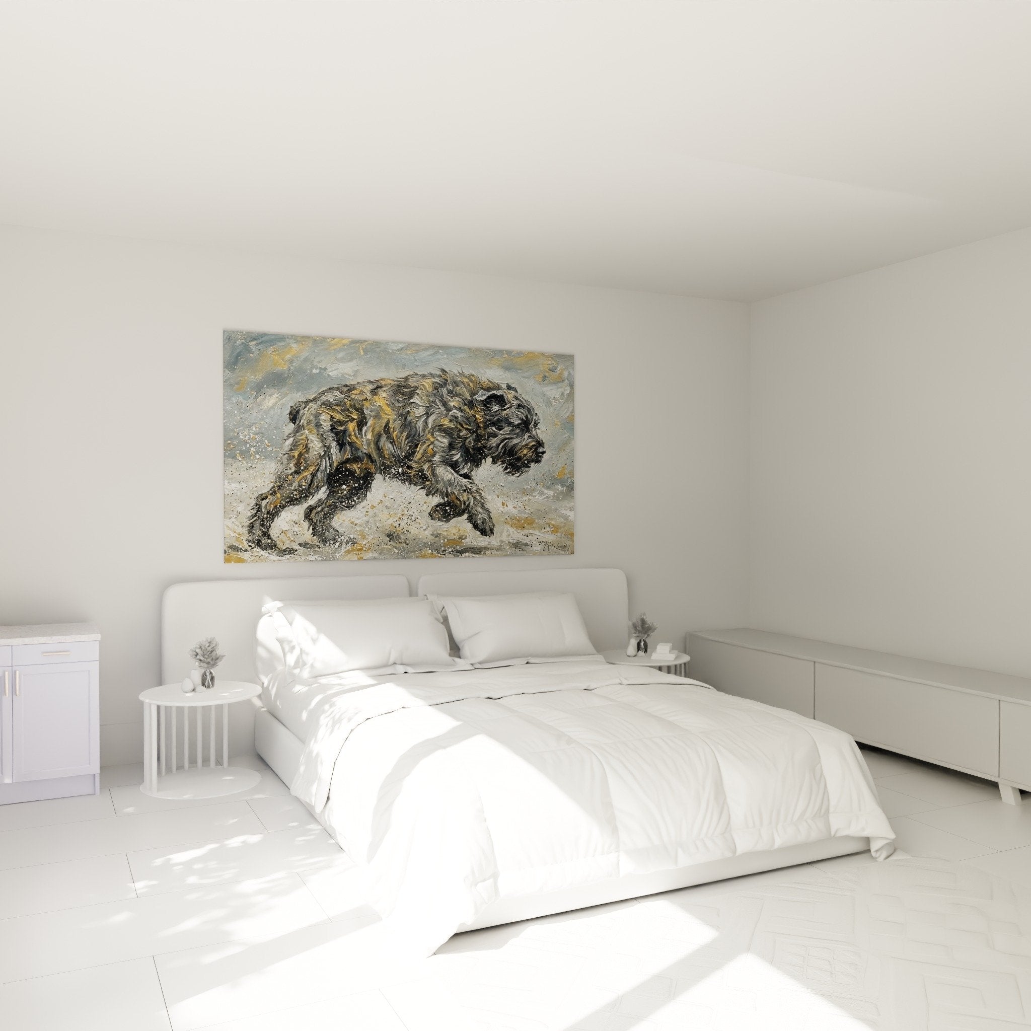Decorazione camera da letto con quadro Bovaro delle Fiandre in movimento, pittura dinamica tonalità grigio e ocra