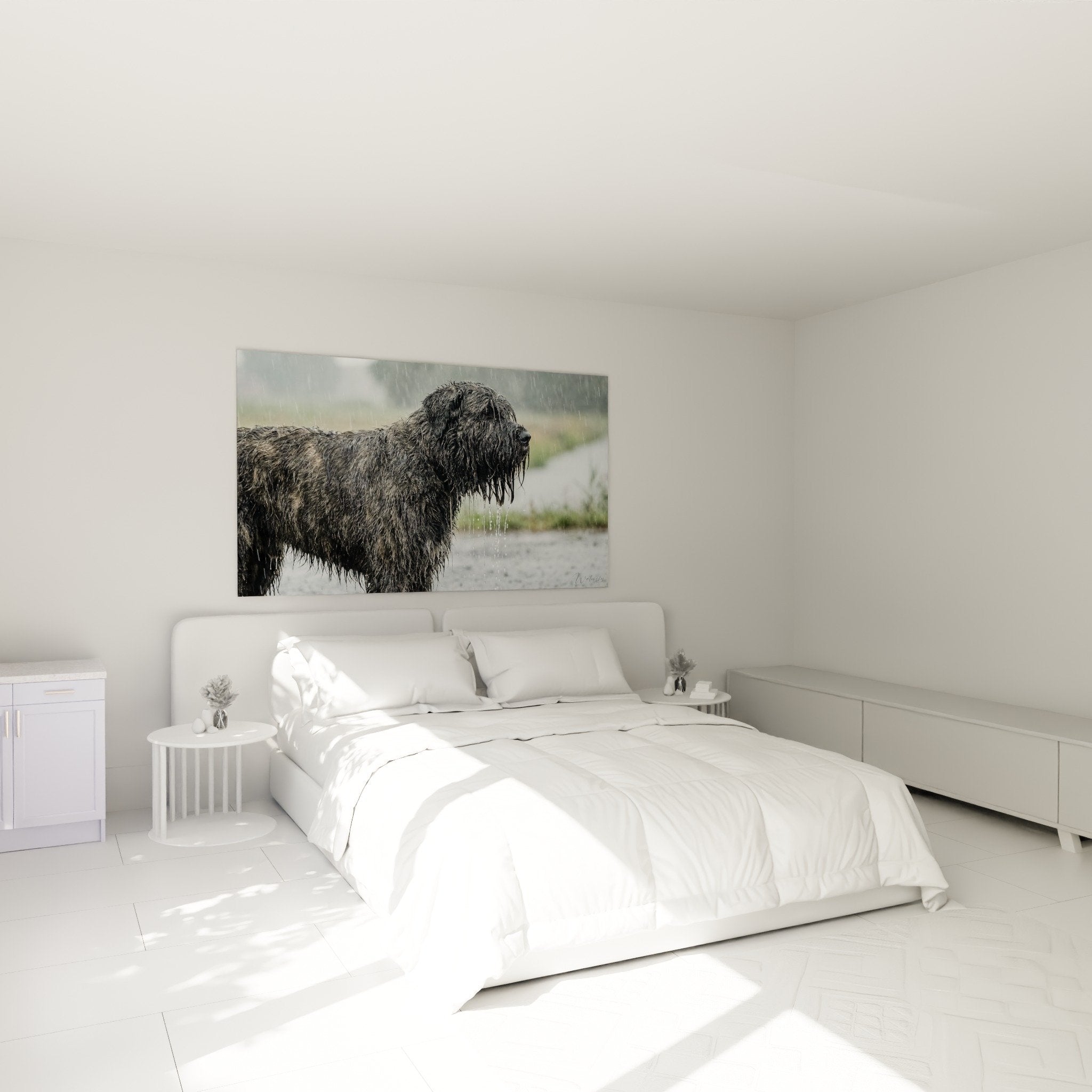 Decorazione camera da letto con quadro Bovaro delle Fiandre sotto la pioggia, atmosfera rilassante