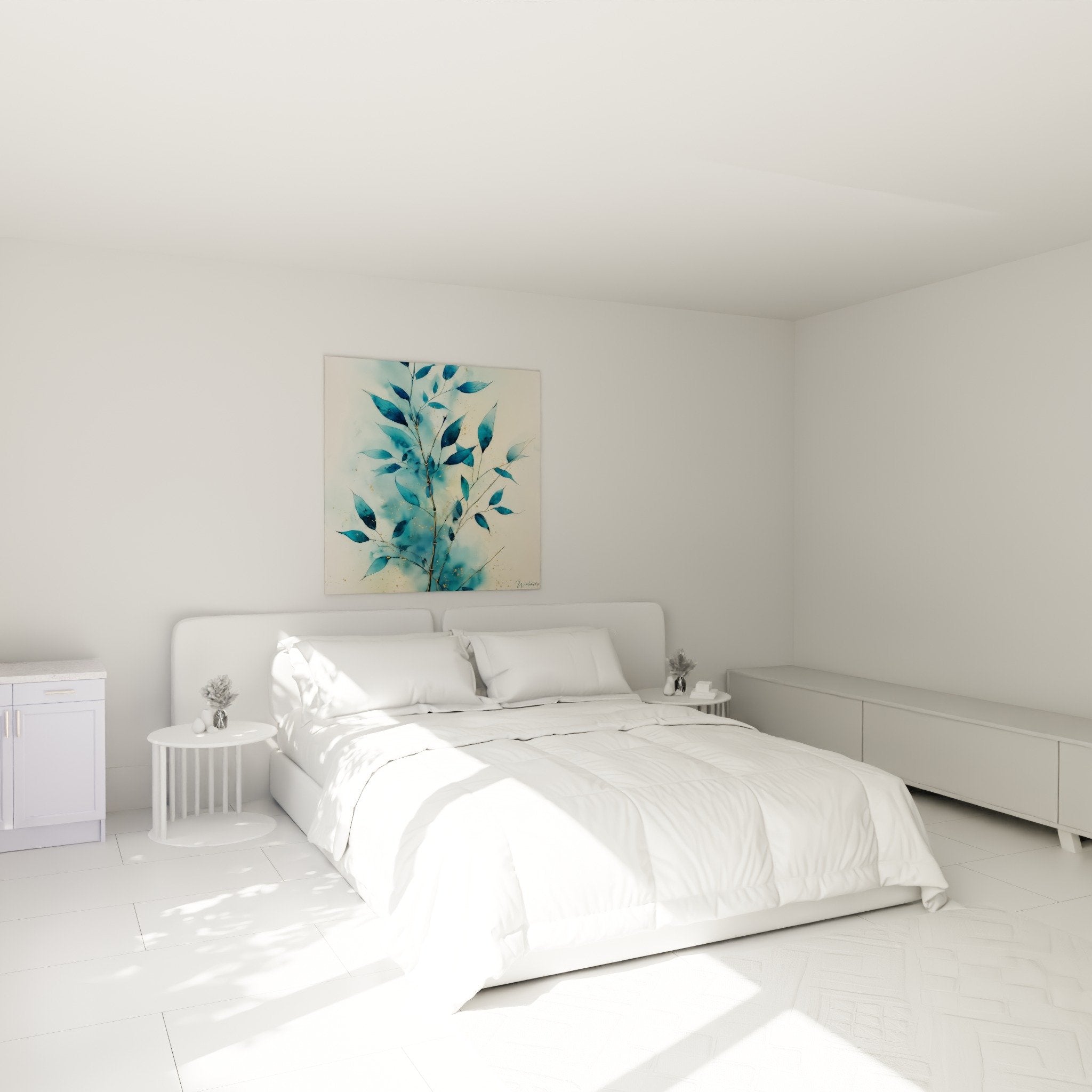 deco chambre tableau branches aquarelle bleue ambiance zen apaisante feng shui element eau