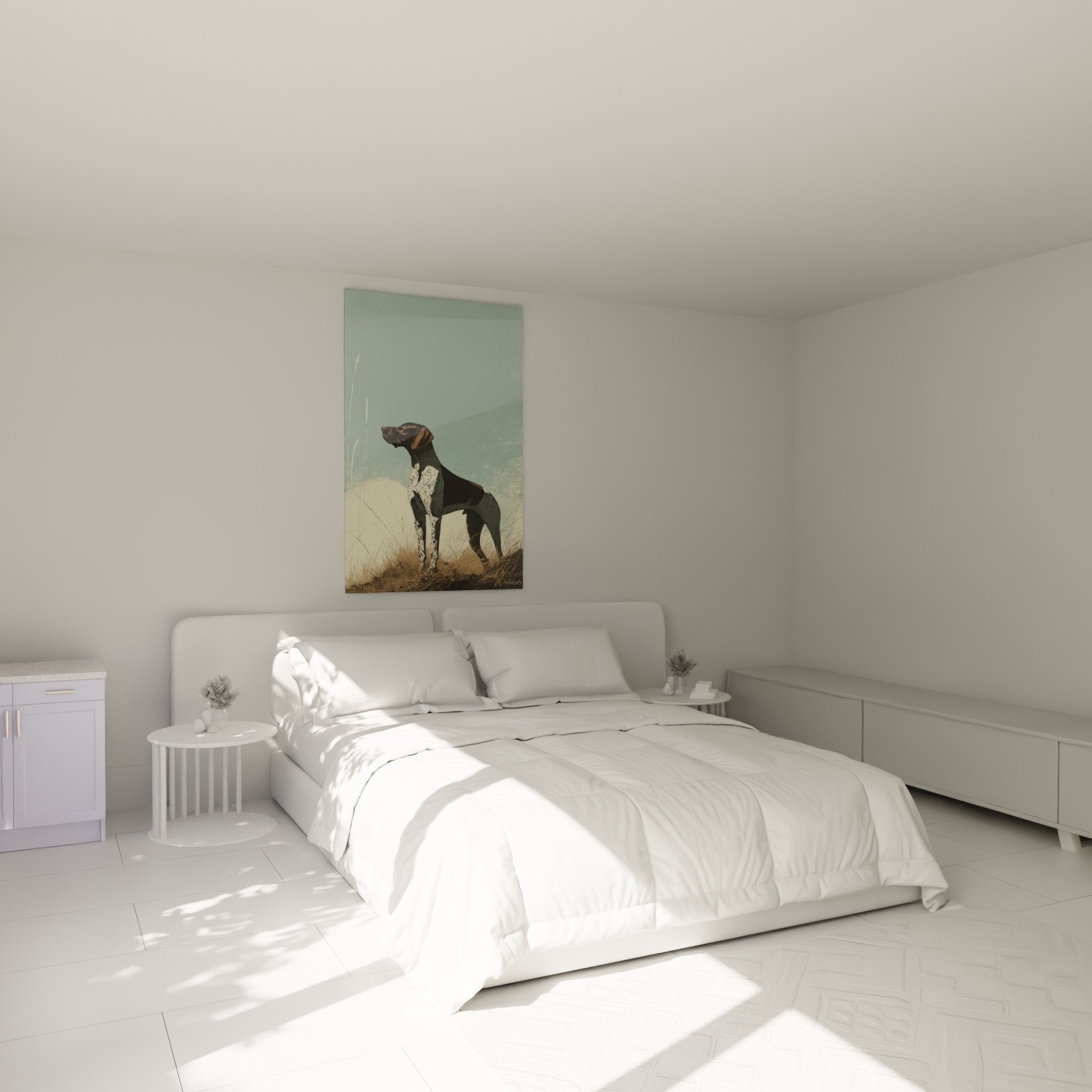 Deco chambre avec tableau chien de chasse braque allemand sur mur blanc style campagne elegant