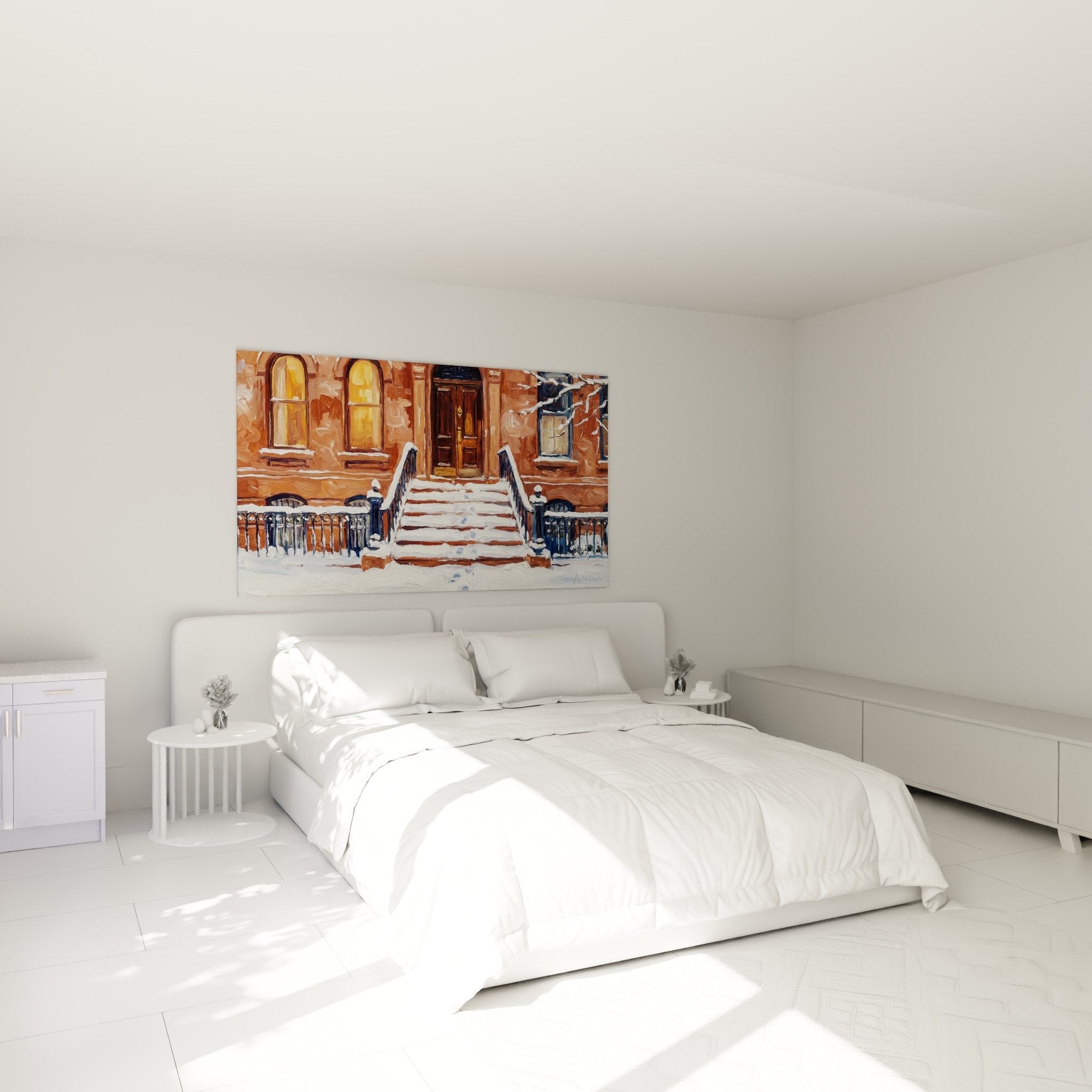 Décoration murale chambre brownstone hivernal tons ocre escalier neige ambiance urbaine chaleureuse