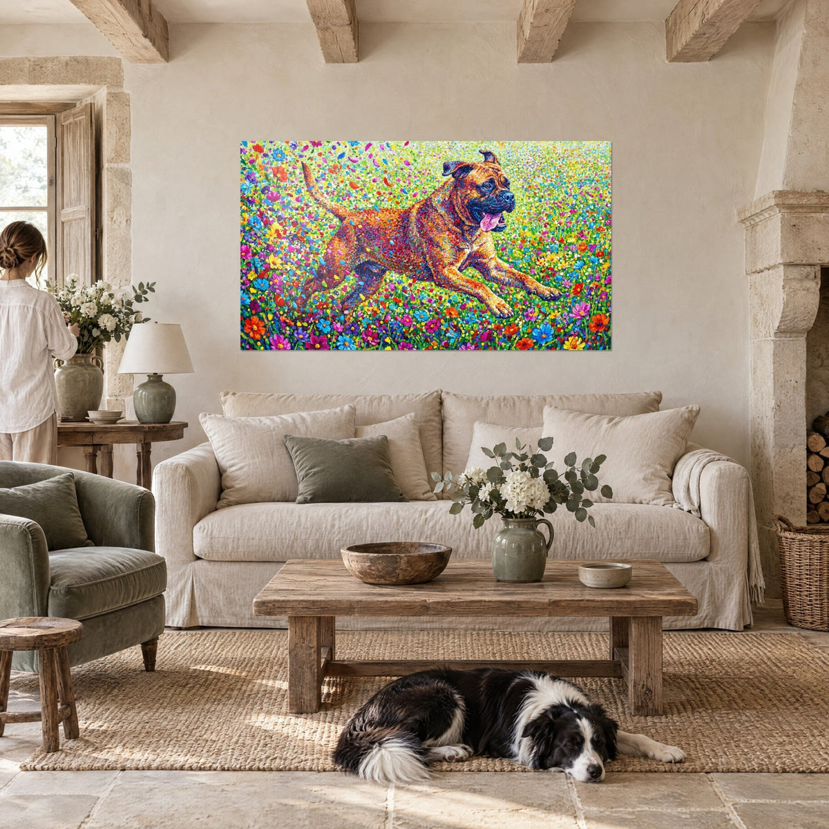Wall art fawn mastiff leaping through a flowered meadow, orange and turquoise, resting collie, above a sofa in a bright living room