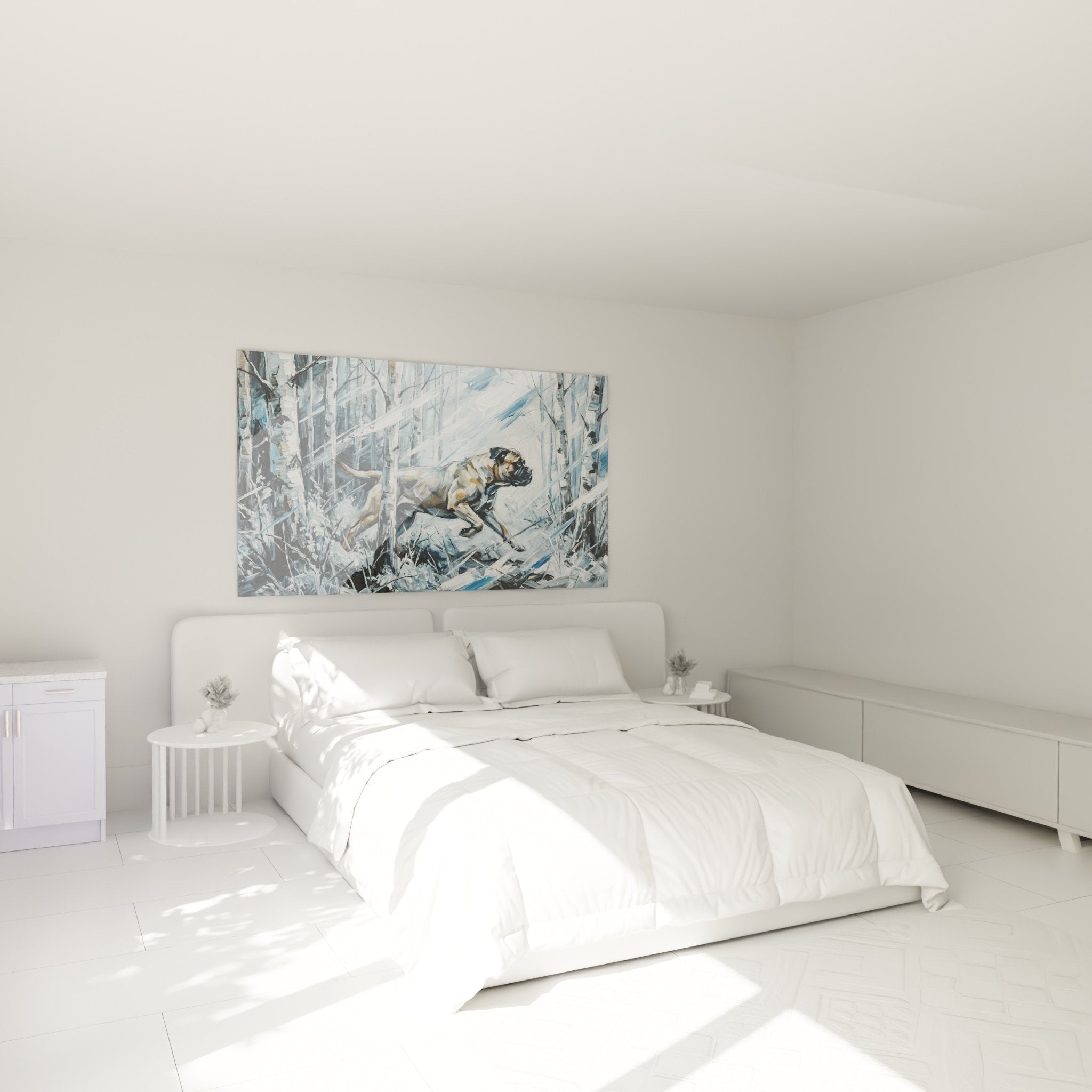 Deco chambre tableau chien bullmastiff hiver neige ambiance nordique bleu blanc art mural