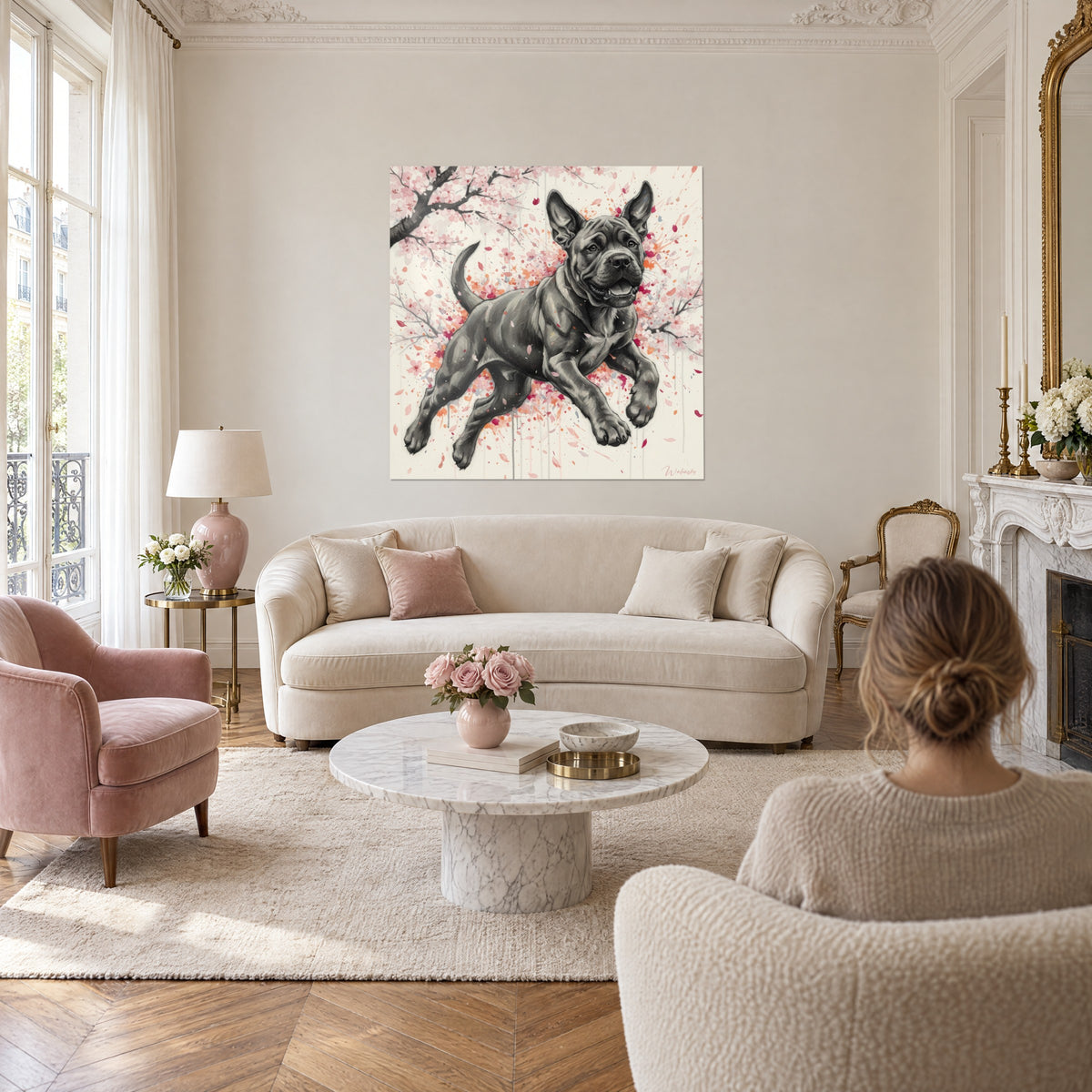 Wall art grey mastiff mid-leap among pink and orange petals, above a sofa in a bright living room
