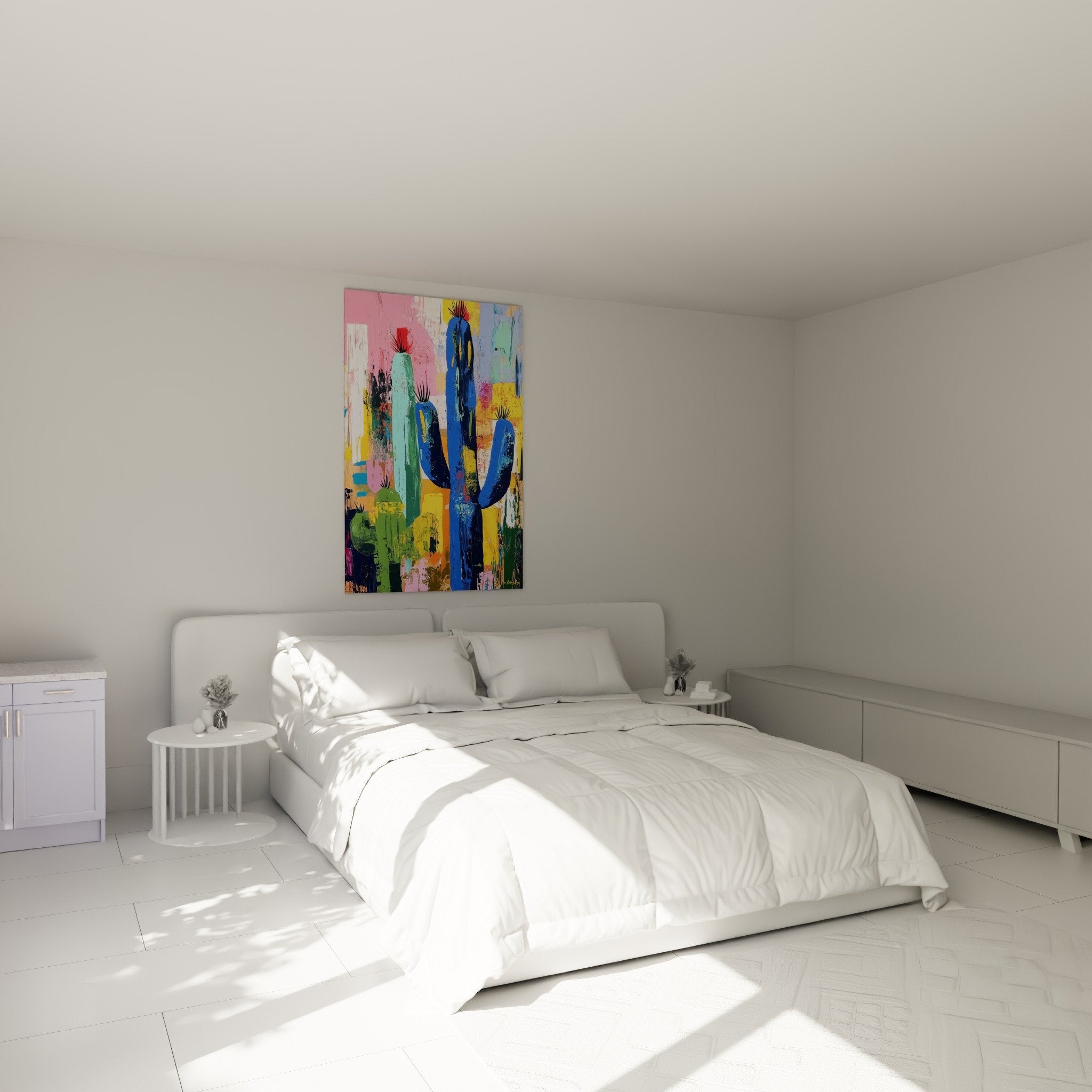 Décoration chambre tableau cactus abstraits tons bleus verts édition cubisme