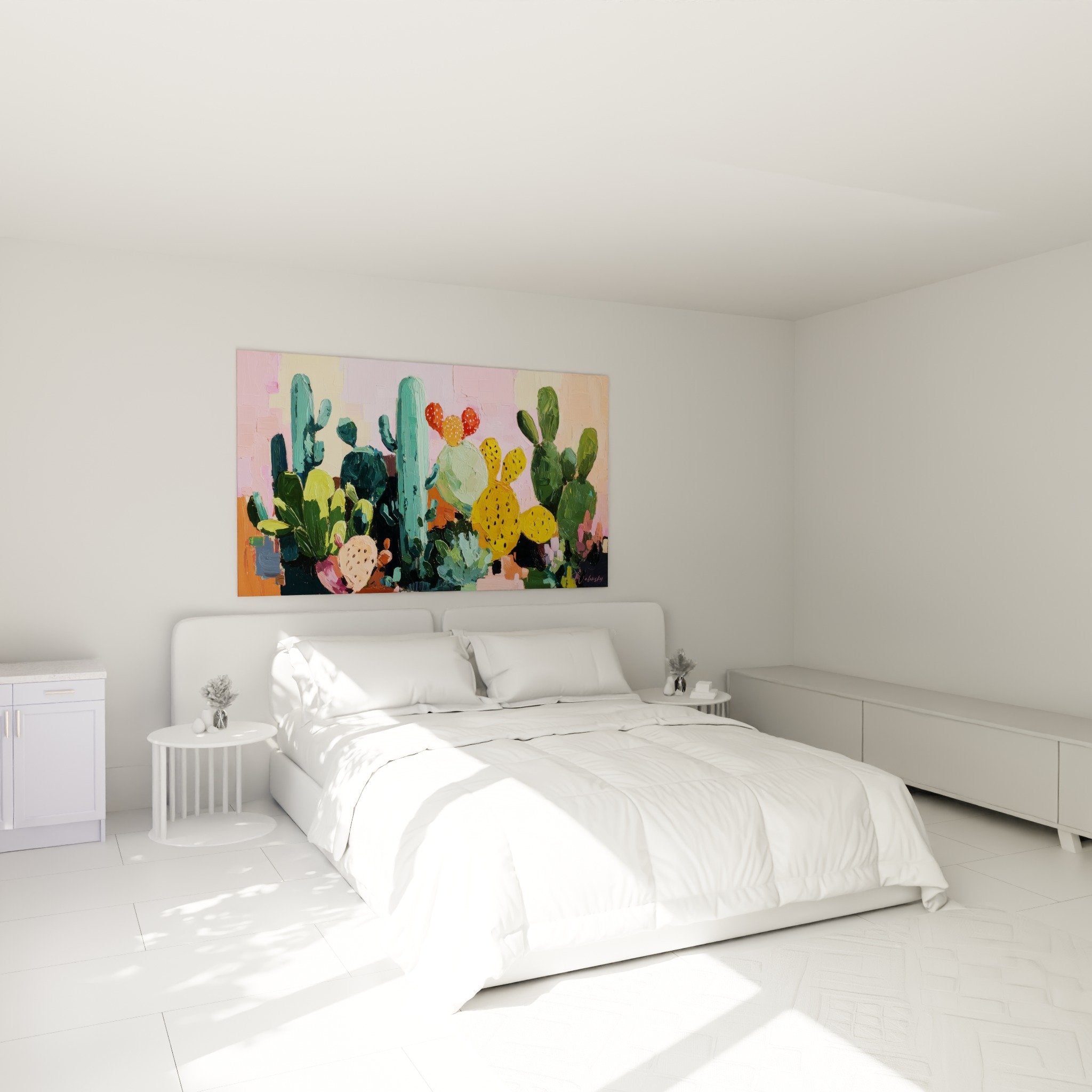 Wanddekoration bunte Kakteen modernes Schlafzimmer kubistisches Gemälde Pastelltöne sanfte Atmosphäre