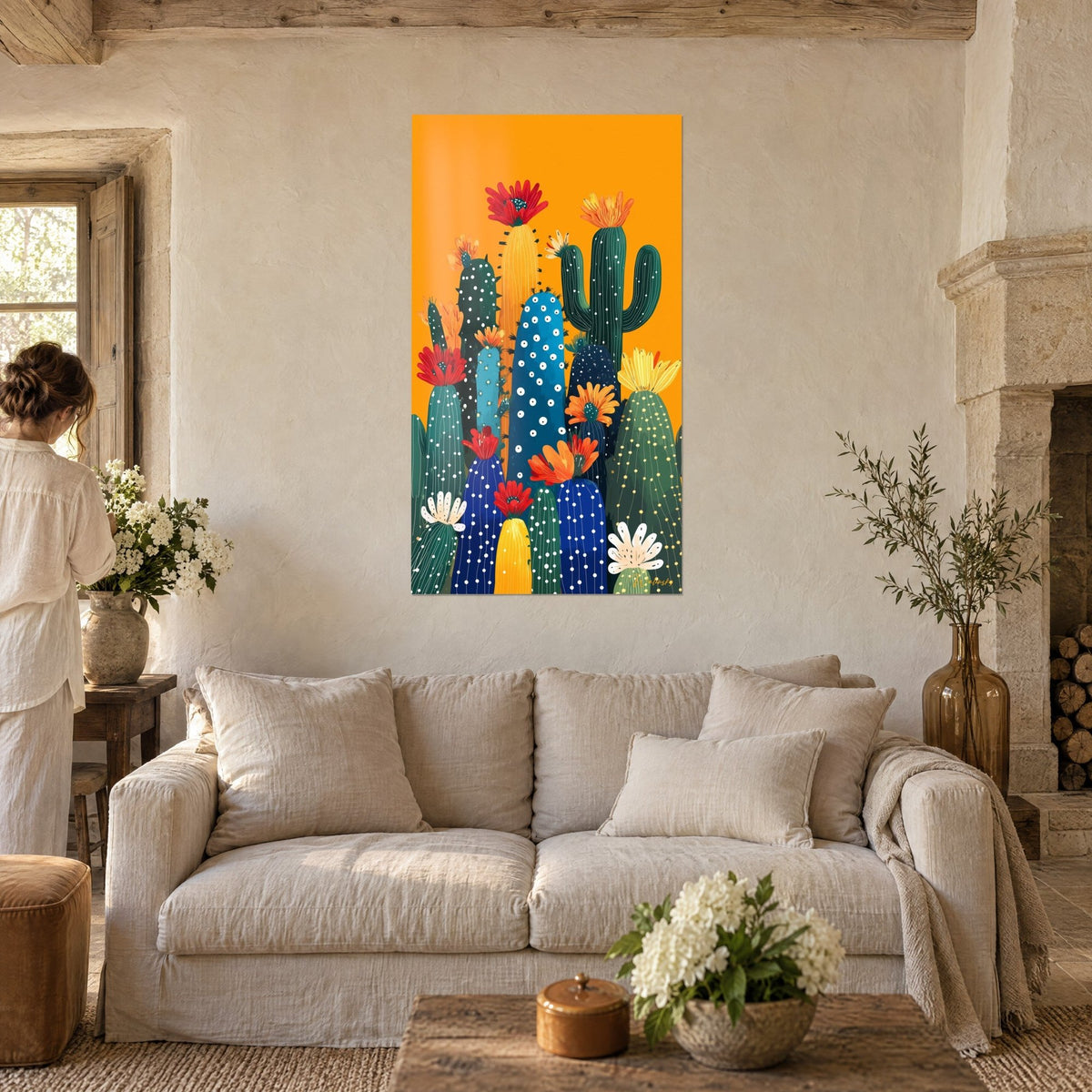Gemälde Kakteen mit weißen Punkten und roten Blüten auf safrangelbem Hintergrund, über einem Sofa in einem hellen Wohnzimmer