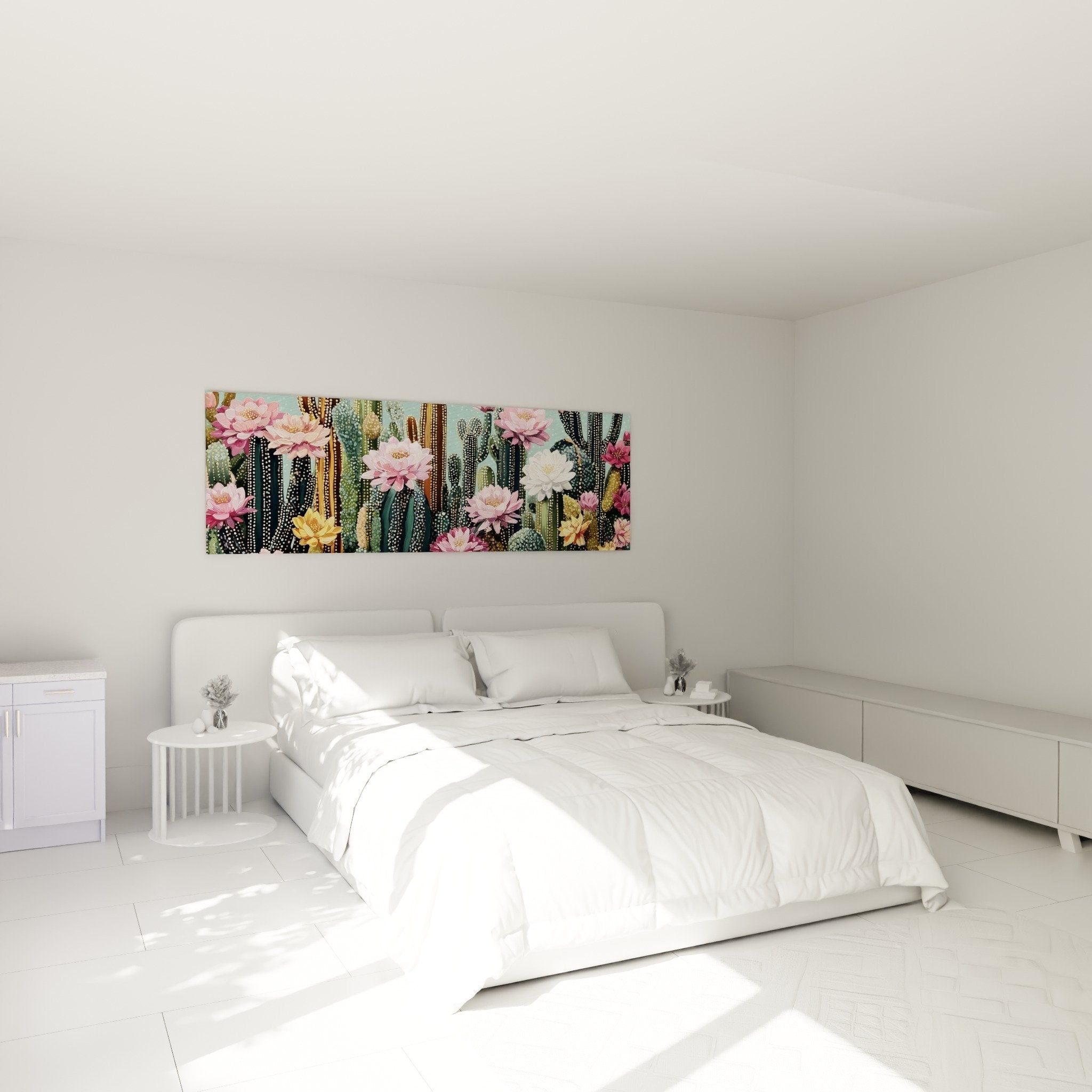 Kaktus-Gemälde mit rosa Blüten Schlafzimmer Wanddekoration Türkis Zen-Boho-Atmosphäre