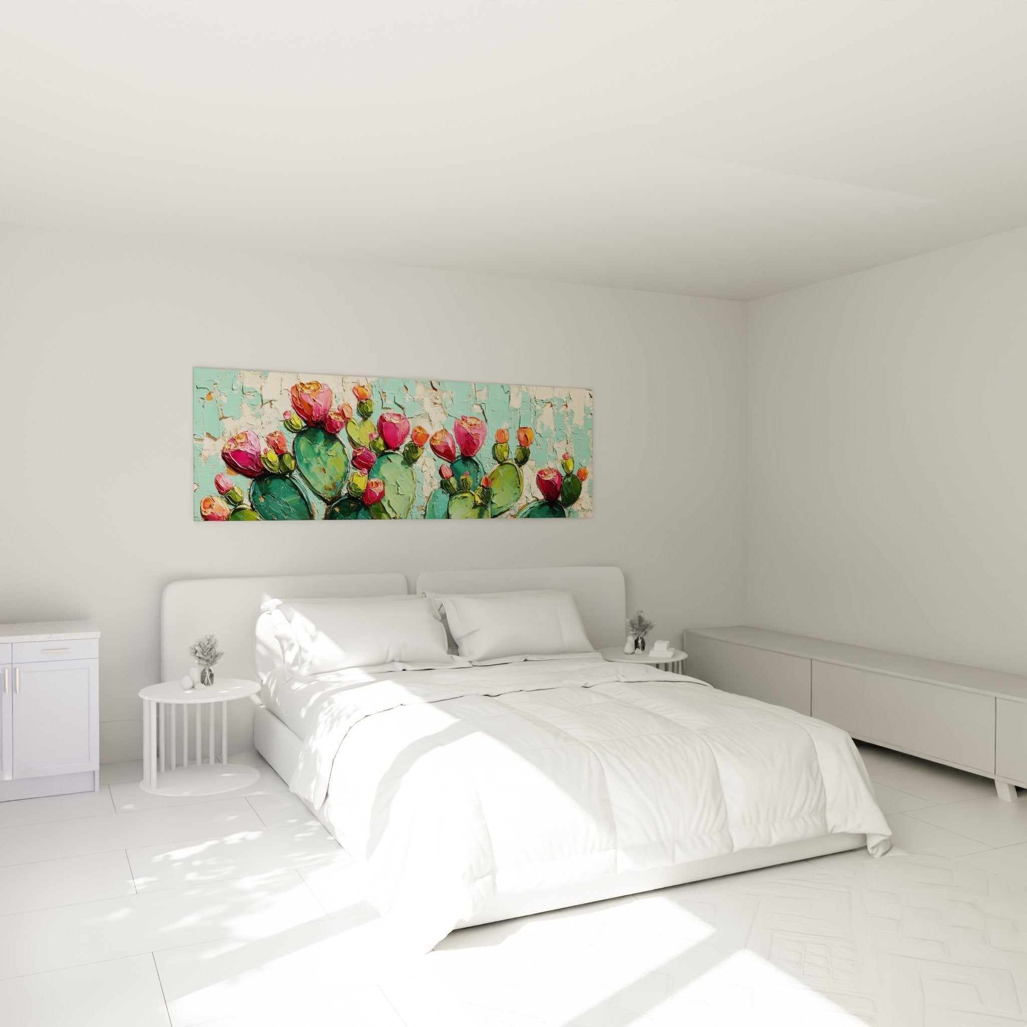 Kakteen- und Blütengemälde in Rosa im modernen Schlafzimmer als Kopfteil Boho-Dekoration