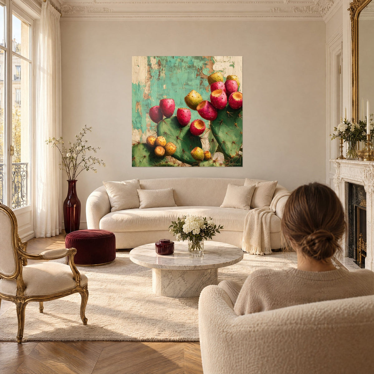 Gemälde Kaktus mit leuchtend rosa Kaktusfeigen auf patinierter türkisfarbener Wand, zwei Personen von hinten über einem Sofa in einem hellen Wohnzimmer
