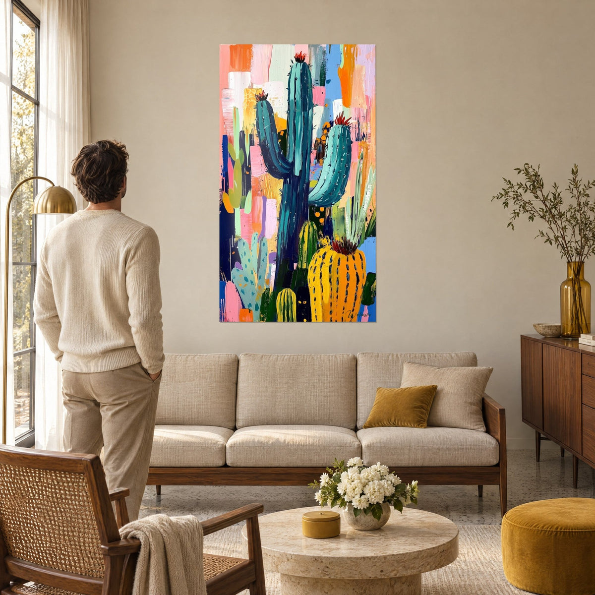 Wall art giant cactus in duck blue with red flowers on pink and orange background, man seen from behind, above a sofa in a bright living room