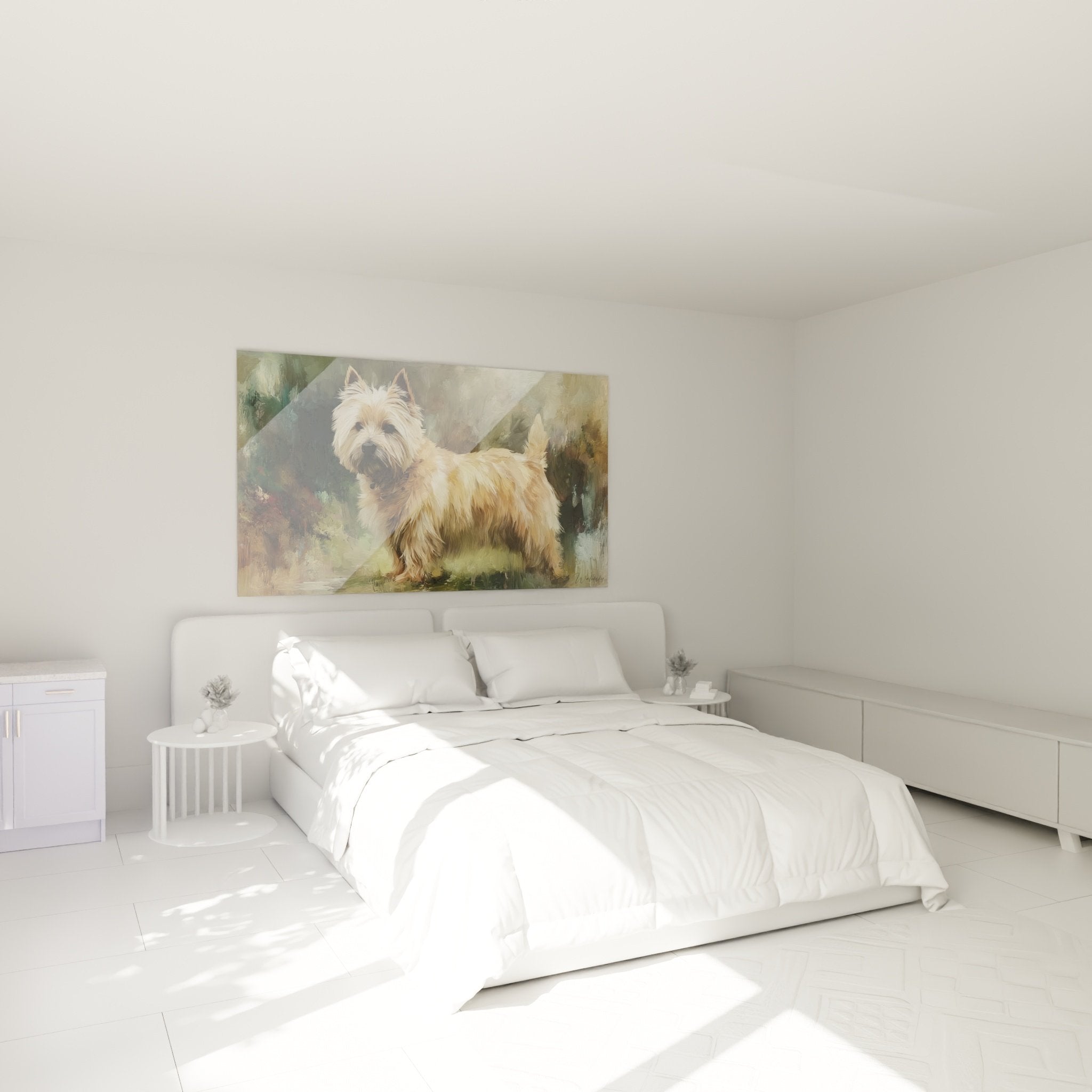 Décoration chambre avec tableau Cairn Terrier tons dorés sur mur beige ambiance chaleureuse cosy