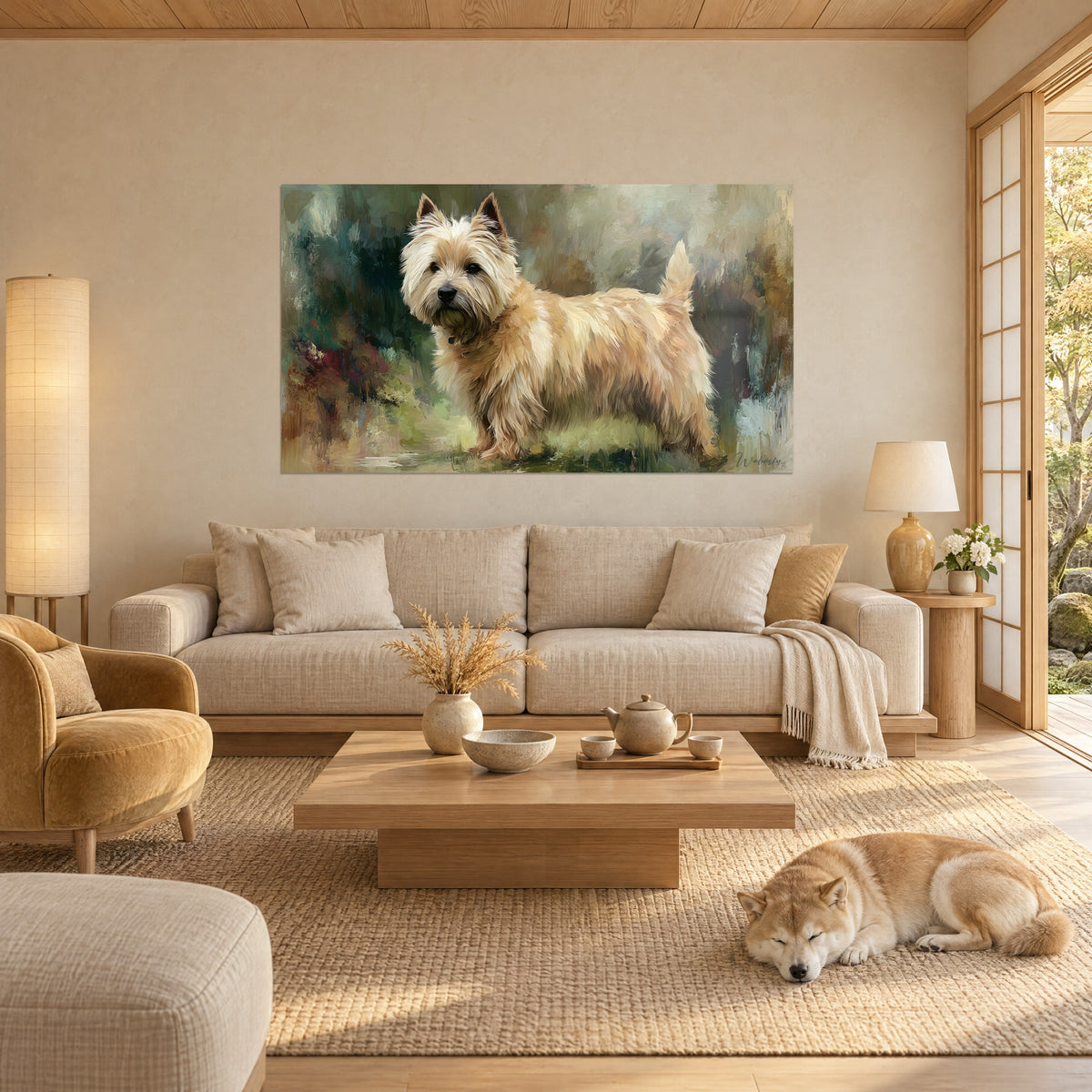 Quadro di cairn terrier dal pelo dorato e ocra, sguardo scuro, su sfondo verde salvia, shiba addormentato sopra un divano in un soggiorno luminoso