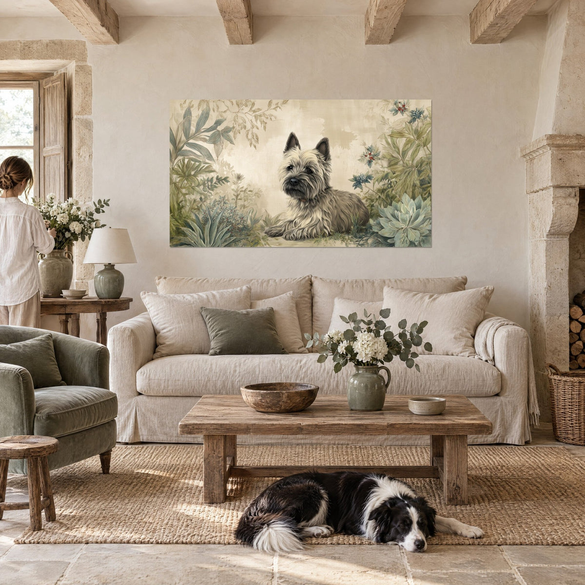Gemälde Cairn Terrier mit struppigem beigem Fell, zwischen grünem Laub liegend, eine Frau von hinten und ein Collie, über einem Sofa in einem hellen Wohnzimmer