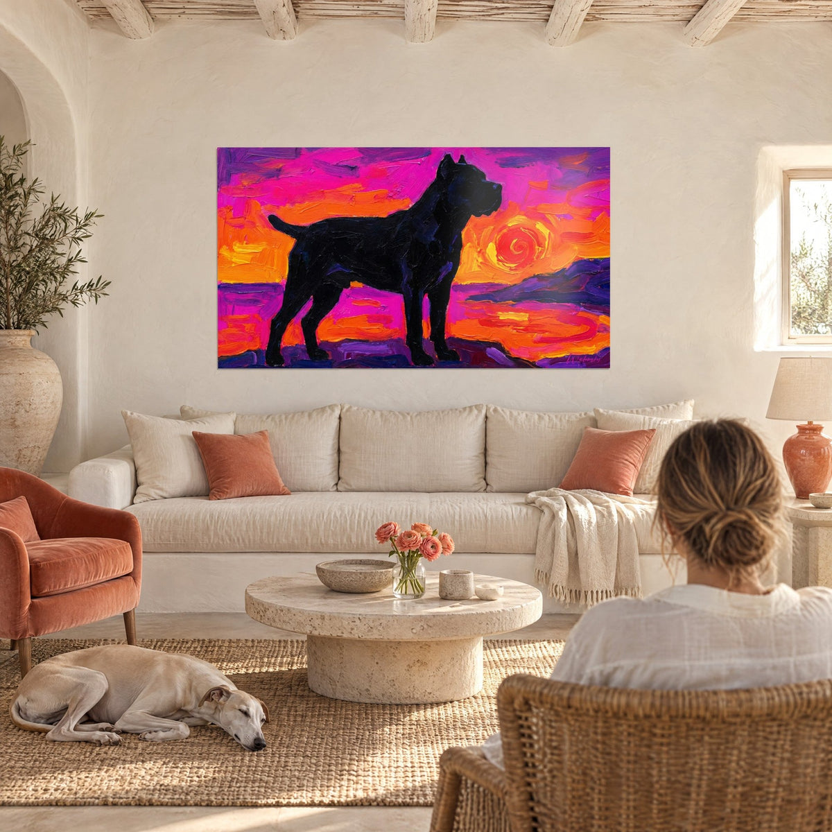 Wall art: Black dog in profile before an orange and magenta spiral sun, thick impasto brushstrokes, above a sofa in a bright living room