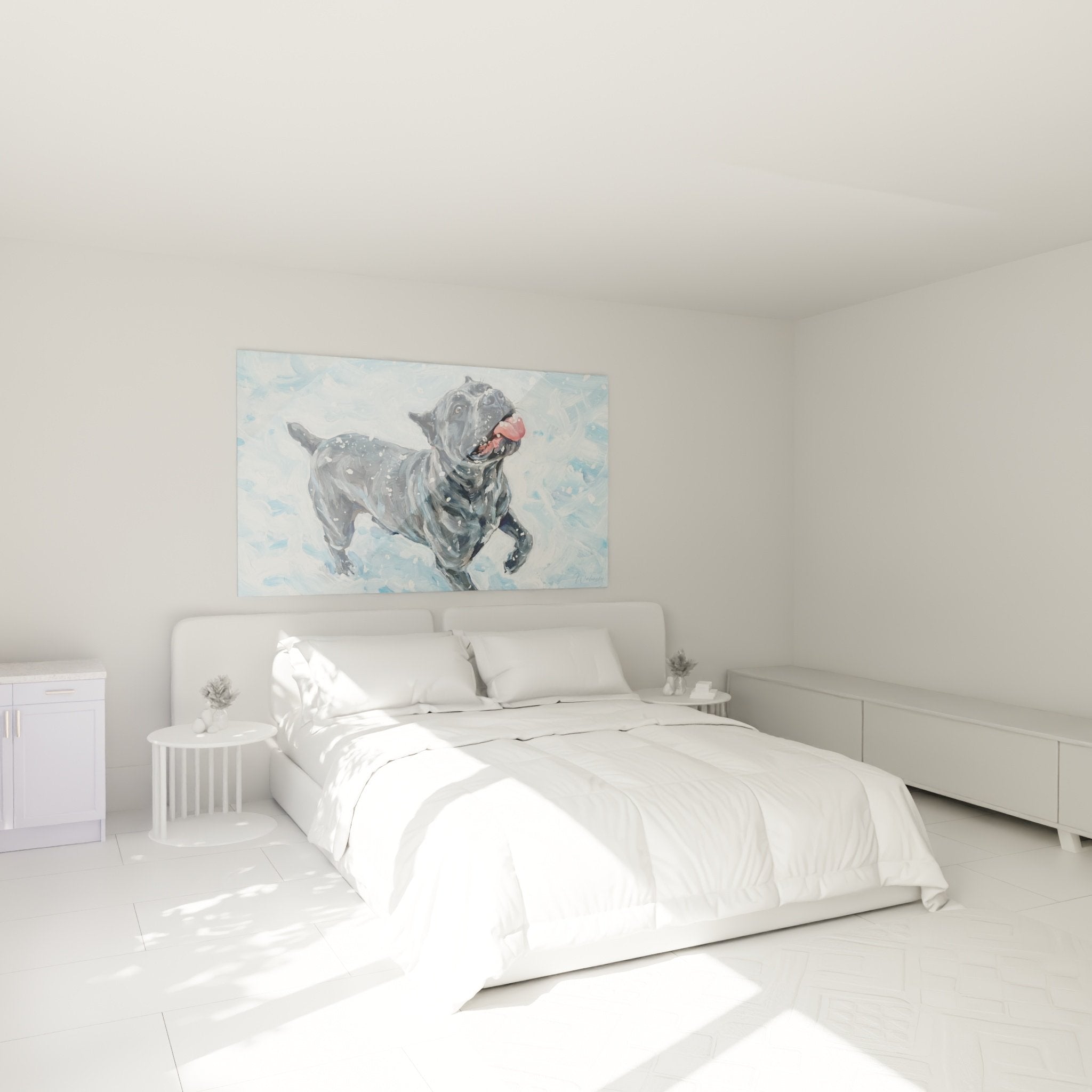 Décoration murale chambre avec Cane Corso dans la neige, ambiance hivernale douce et chaleureuse