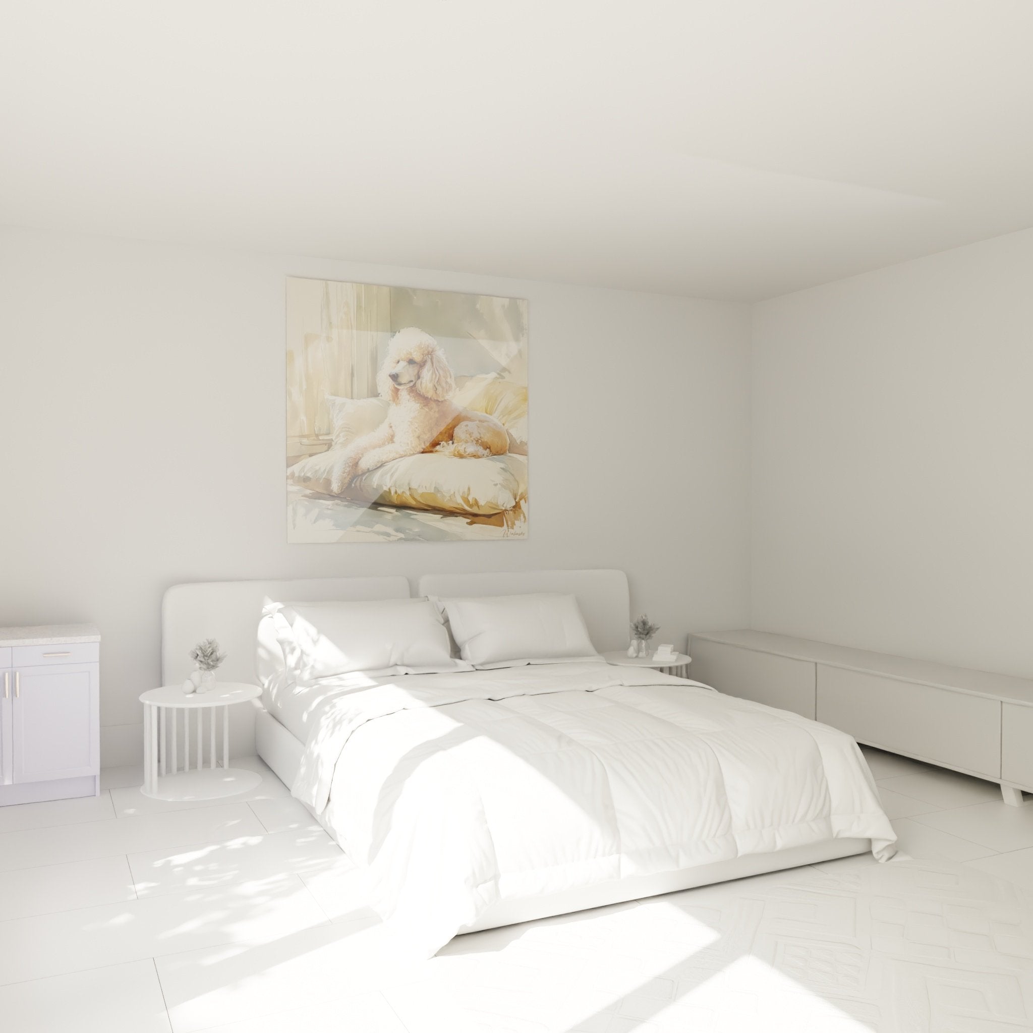 Schlafzimmerdekoration mit elegantem Pudel-Gemälde in Beigetönen, gemütliche und verfeinerte Atmosphäre, sanfte natürliche Beleuchtung