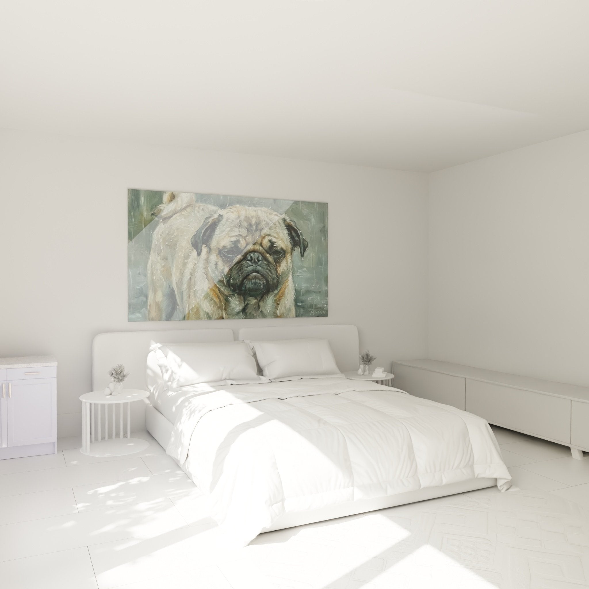 Nachdenklicher Mops Kunstdruck in Beige- und Grautönen an der Schlafzimmerwand aufgehängt Wanddekoration Hund Regen