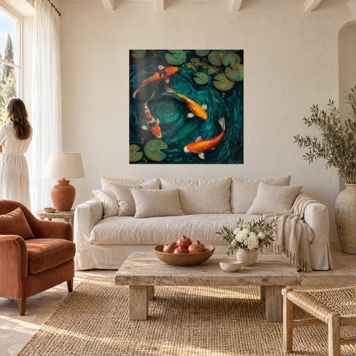 Wall art red and orange koi carp swimming in a circle around a turquoise pond, woman seen from behind, above a sofa in a bright living room, Walensky acrylic glass