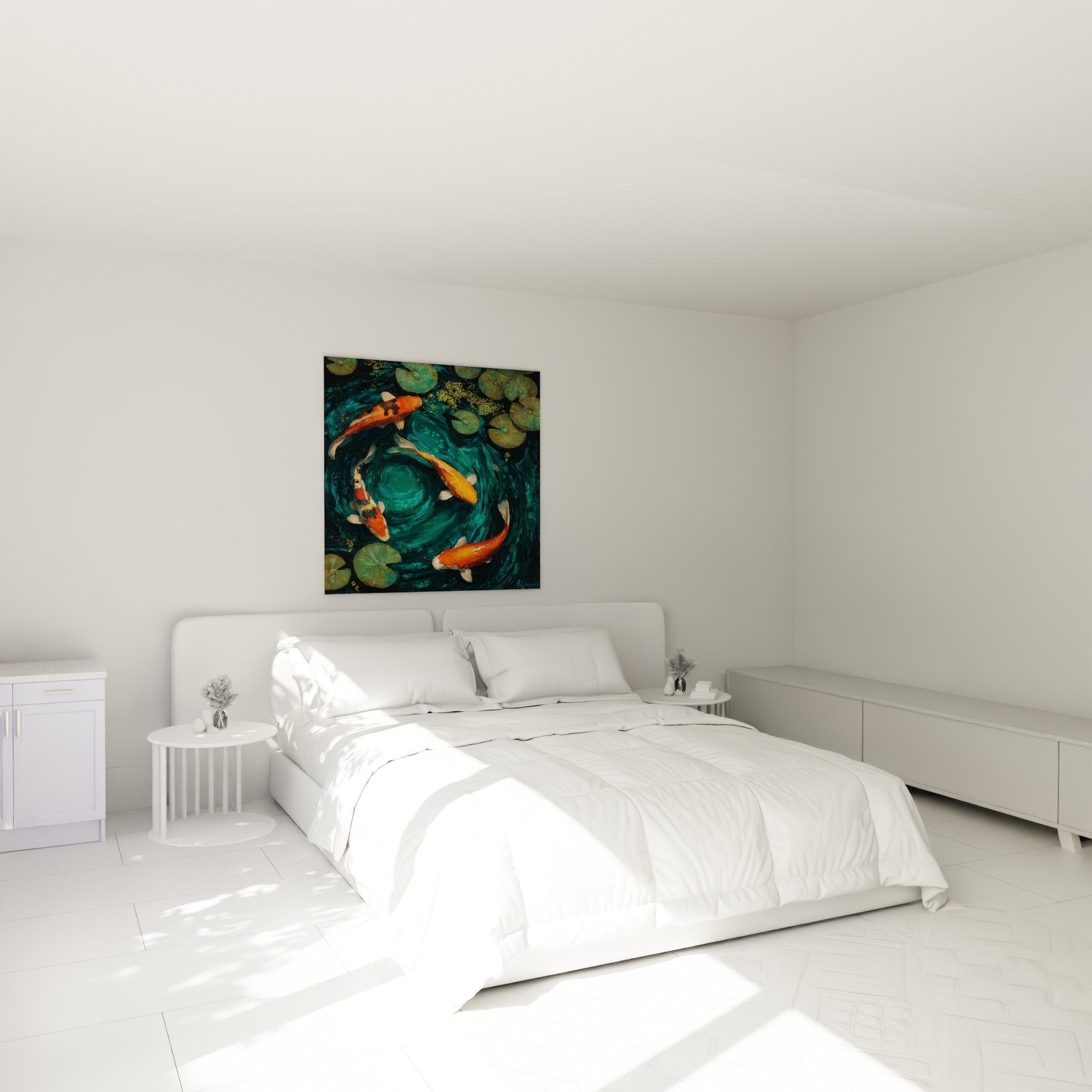 Decoration murale carpes koi nenuphars dans chambre ambiance zen apaisante tableau aquatique