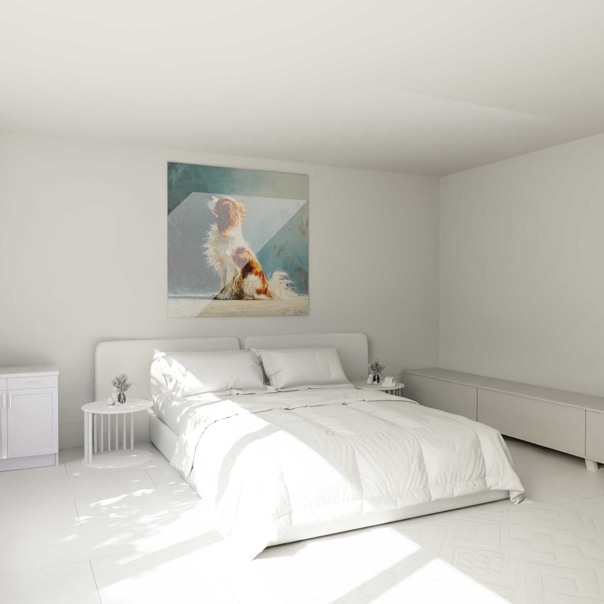 Decoration murale cavalier king charles dans chambre moderne avec ambiance chaleureuse